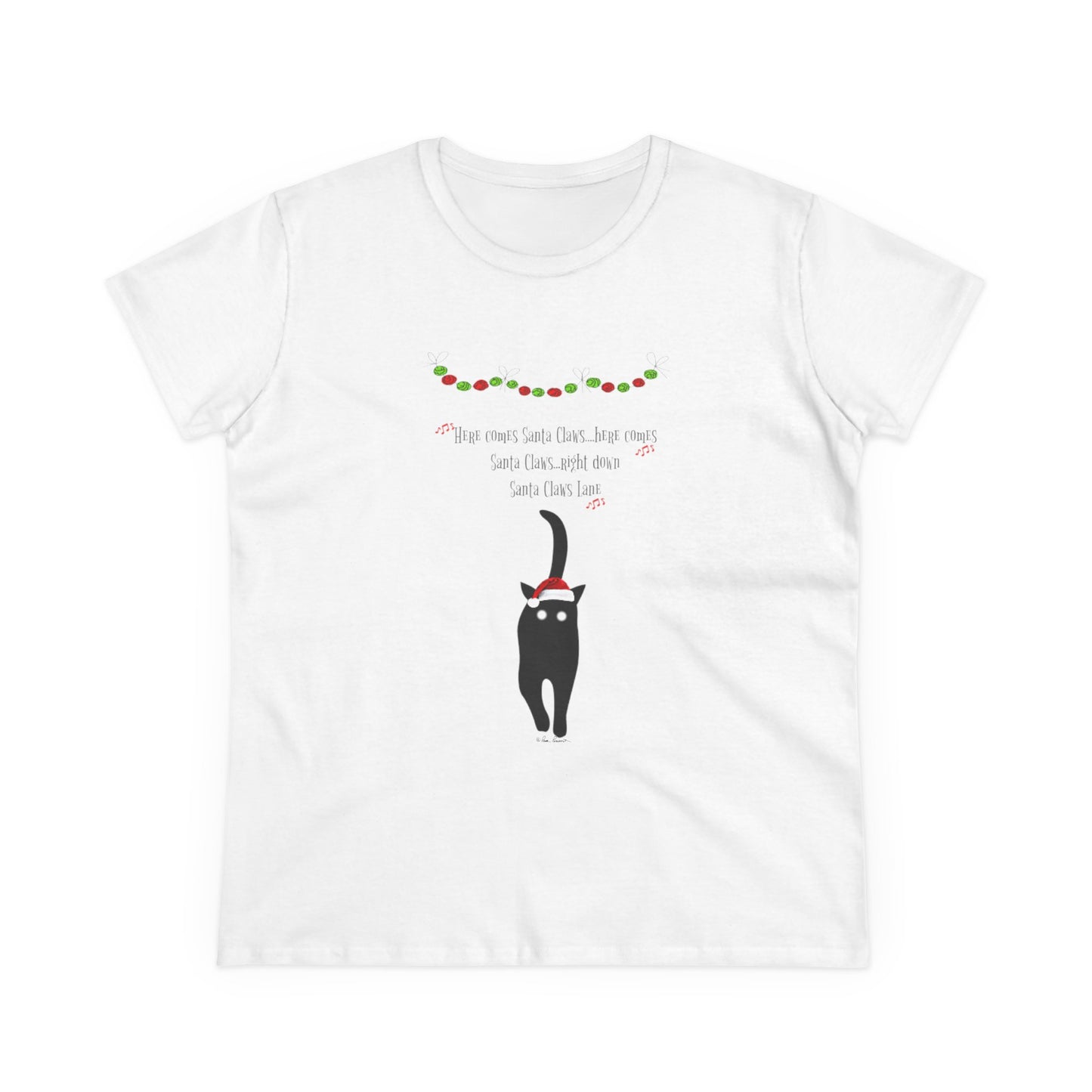 Celebrate Christmas in style with Printify's Santa Claws T-shirt for women—made of cotton, featuring a black cat in a Santa hat and festive details. Playful holiday fashion perfect for your next celebration!.