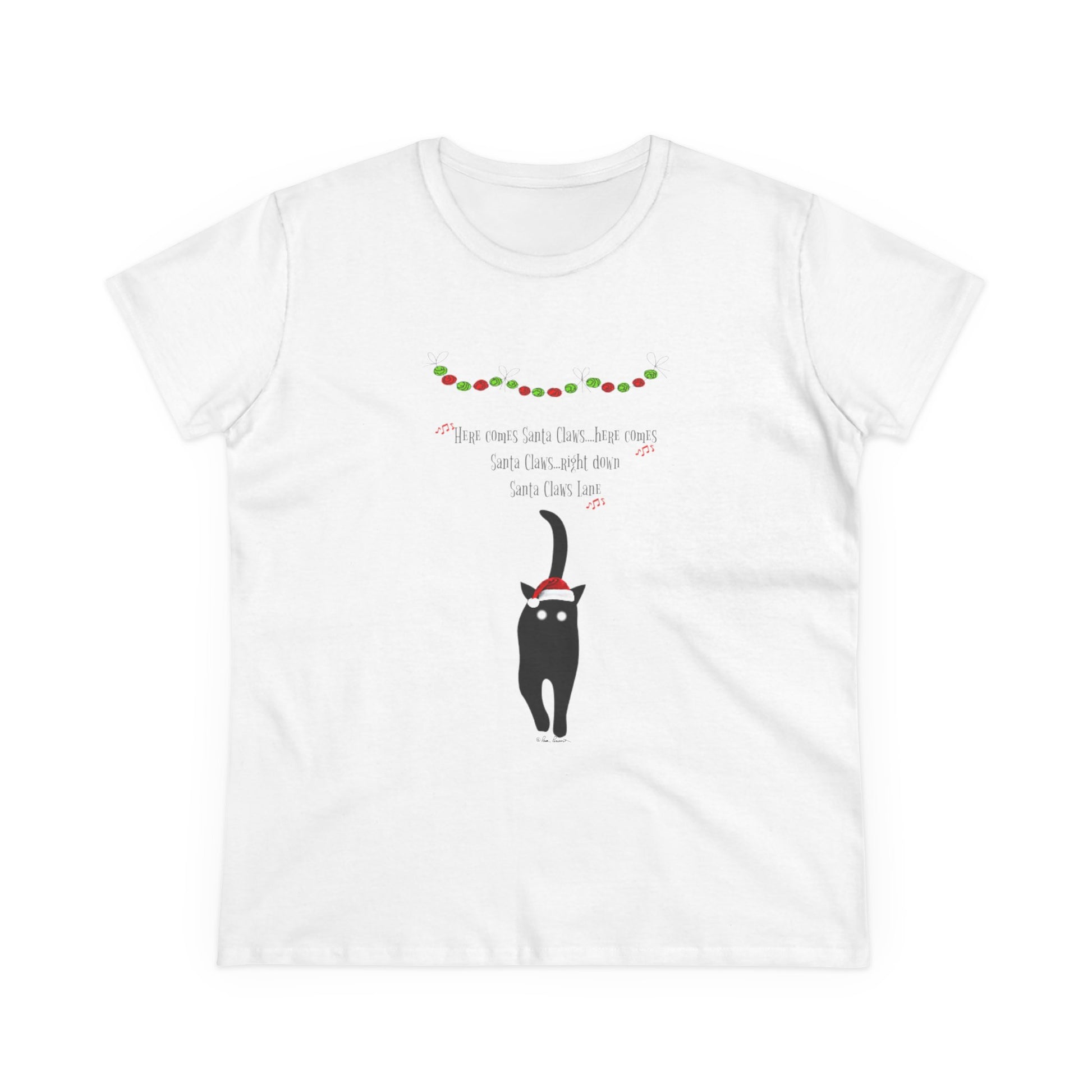 Celebrate Christmas in style with Printify's Santa Claws T-shirt for women—made of cotton, featuring a black cat in a Santa hat and festive details. Playful holiday fashion perfect for your next celebration!.