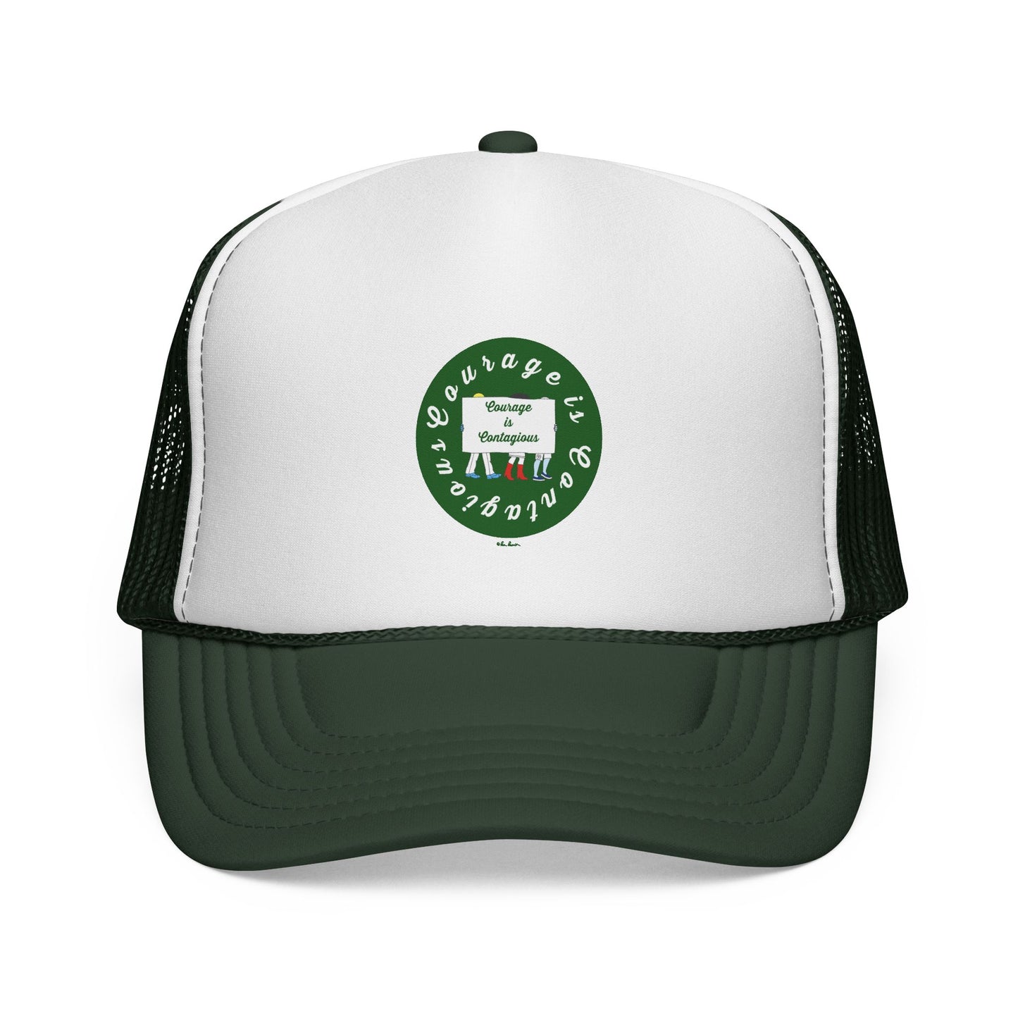 The Printify Vintage Trucker Hat: Courage is Contagious Logo features white and dark green panels, a small front circular logo, adjustable snapback, and classic mesh back design for comfort and style.