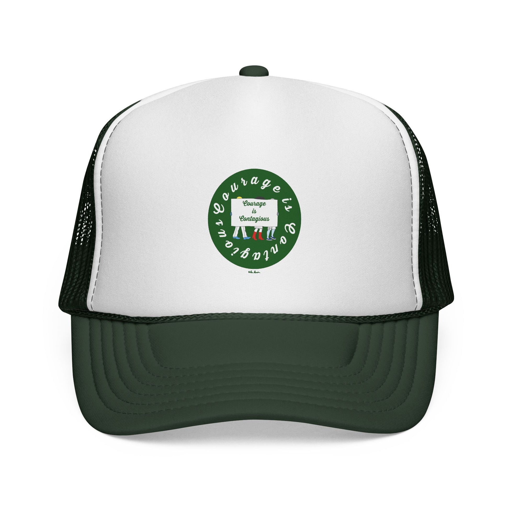 The Printify Vintage Trucker Hat: Courage is Contagious Logo features white and dark green panels, a small front circular logo, adjustable snapback, and classic mesh back design for comfort and style.