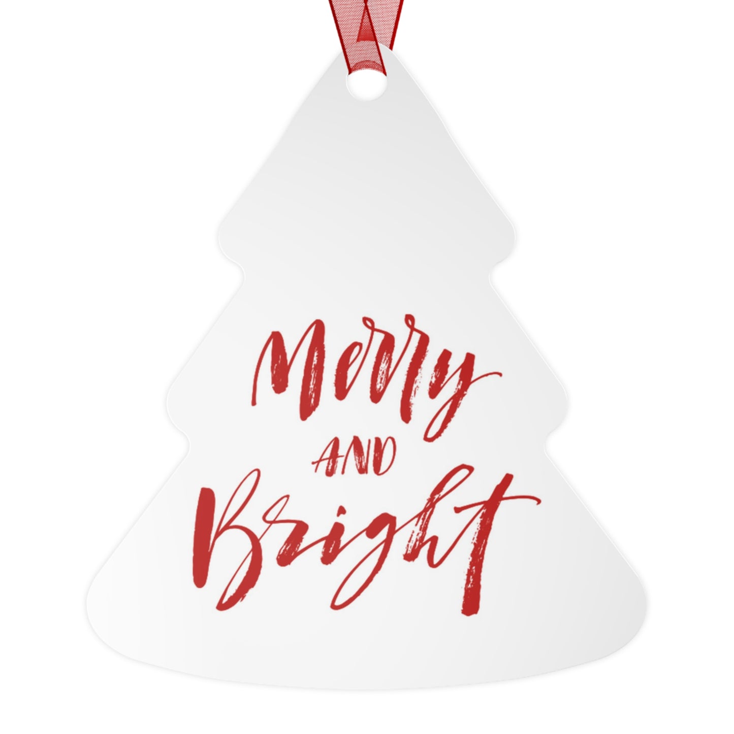 Tree-Shaped Holiday Ornament: 1 piece; Metal; Red ribbon