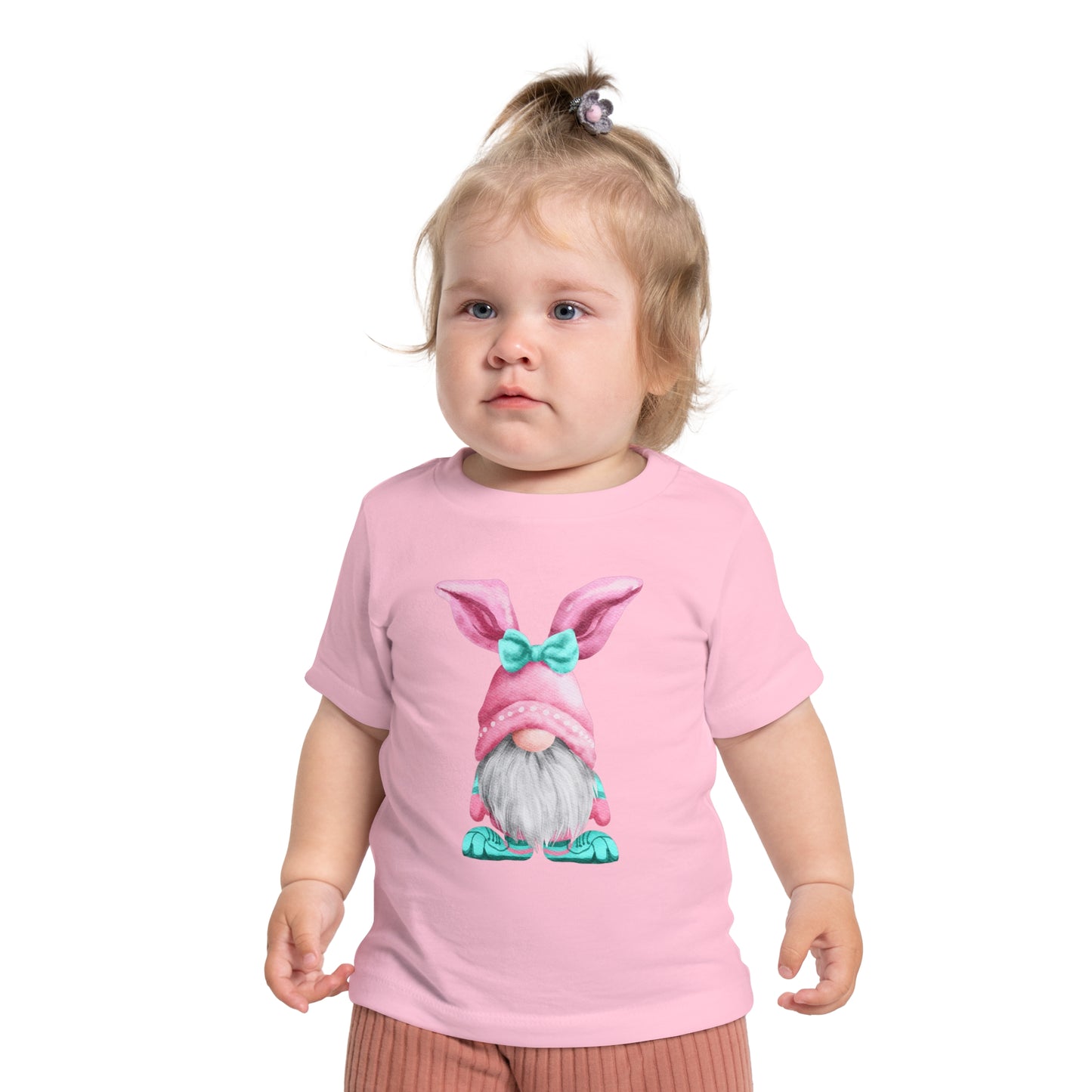 Toddler in a Baby's Easter-Gnome T-shirt with a bunny print, looking slightly puzzled.