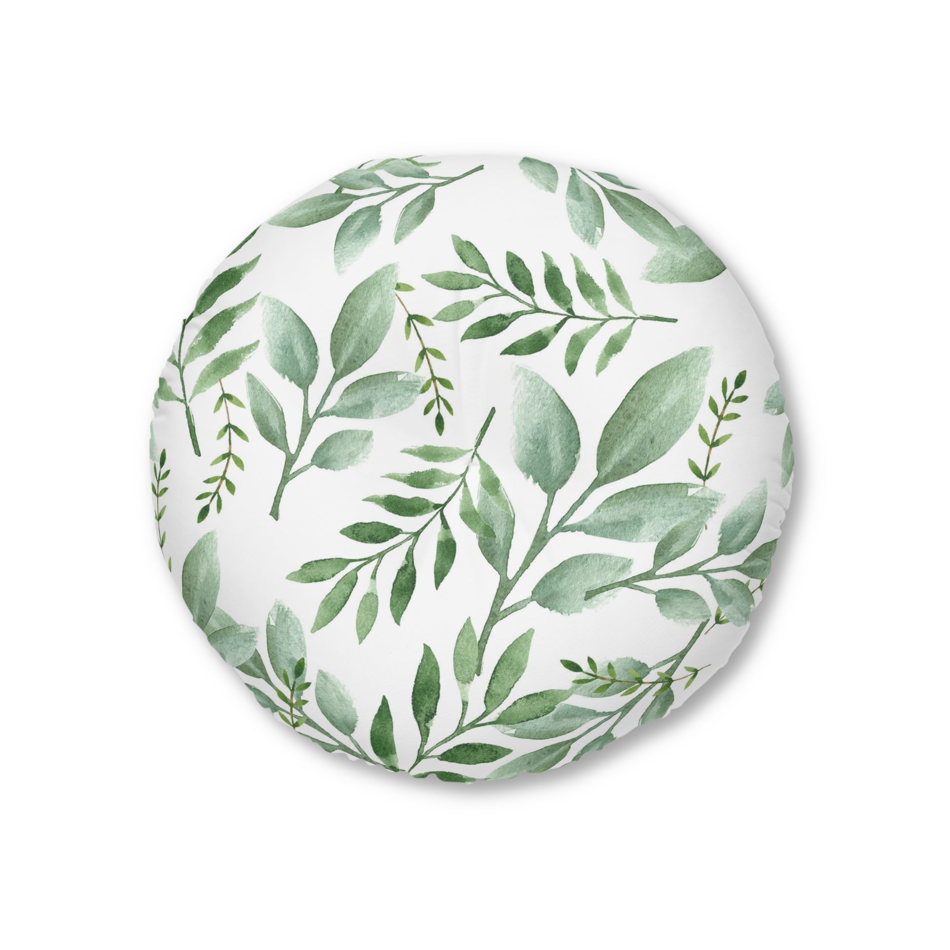 Sentence (updated): A Printify Round Tufted Floor-Pillow covered with a pattern of green botanical design leaves.