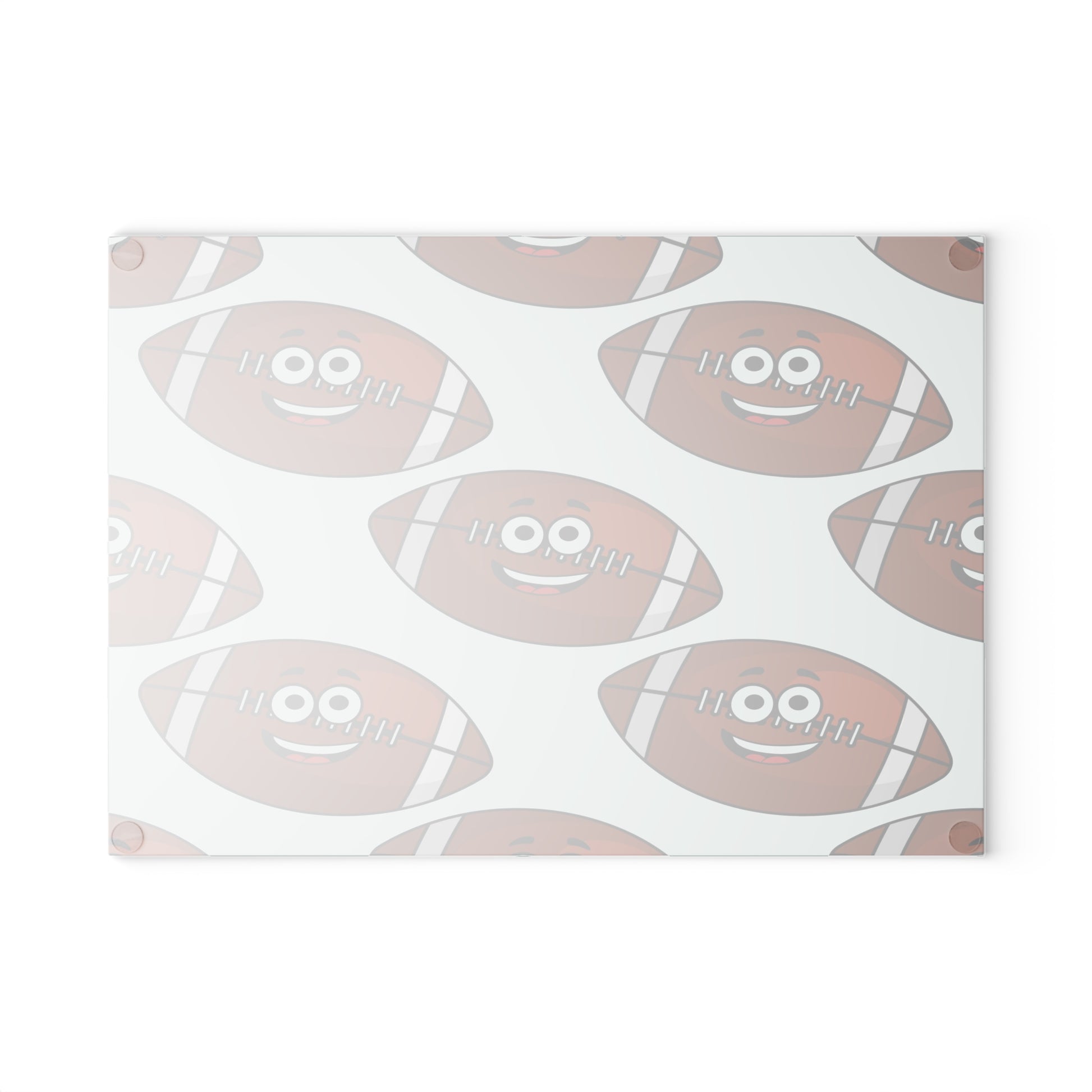 The Playful Football-Faces Cutting Board by Printify features cartoon footballs with smiling faces and expressive eyes on white tempered glass—perfect for adding a fun touch to your kitchen. Available in 2 sizes.