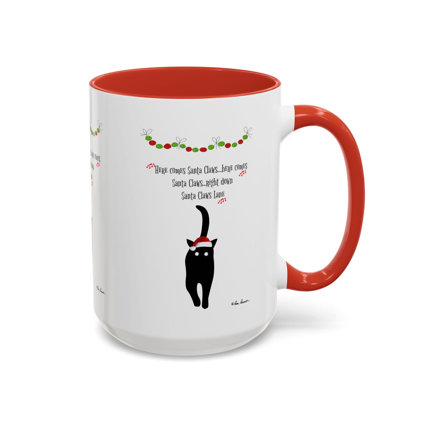 The Festive-Cat Accent Coffee Mug by Printify makes a purr-fect holiday gift for cat-lovers, featuring a black cat in a Santa hat and "Here comes Santa Claws" text—ideal for festive coffee moments!.