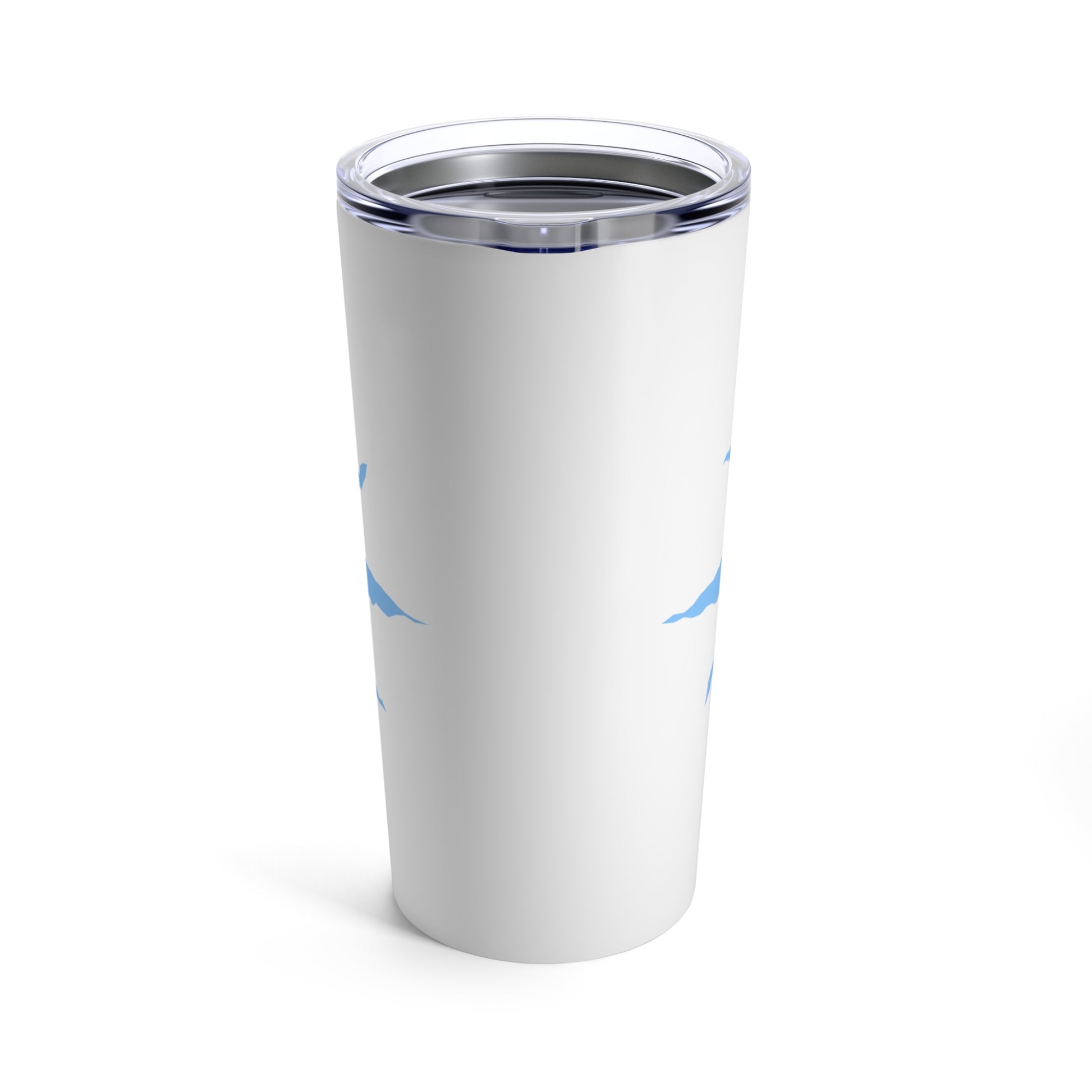 A White Happy-Face Tumbler with a Blue logo on it.