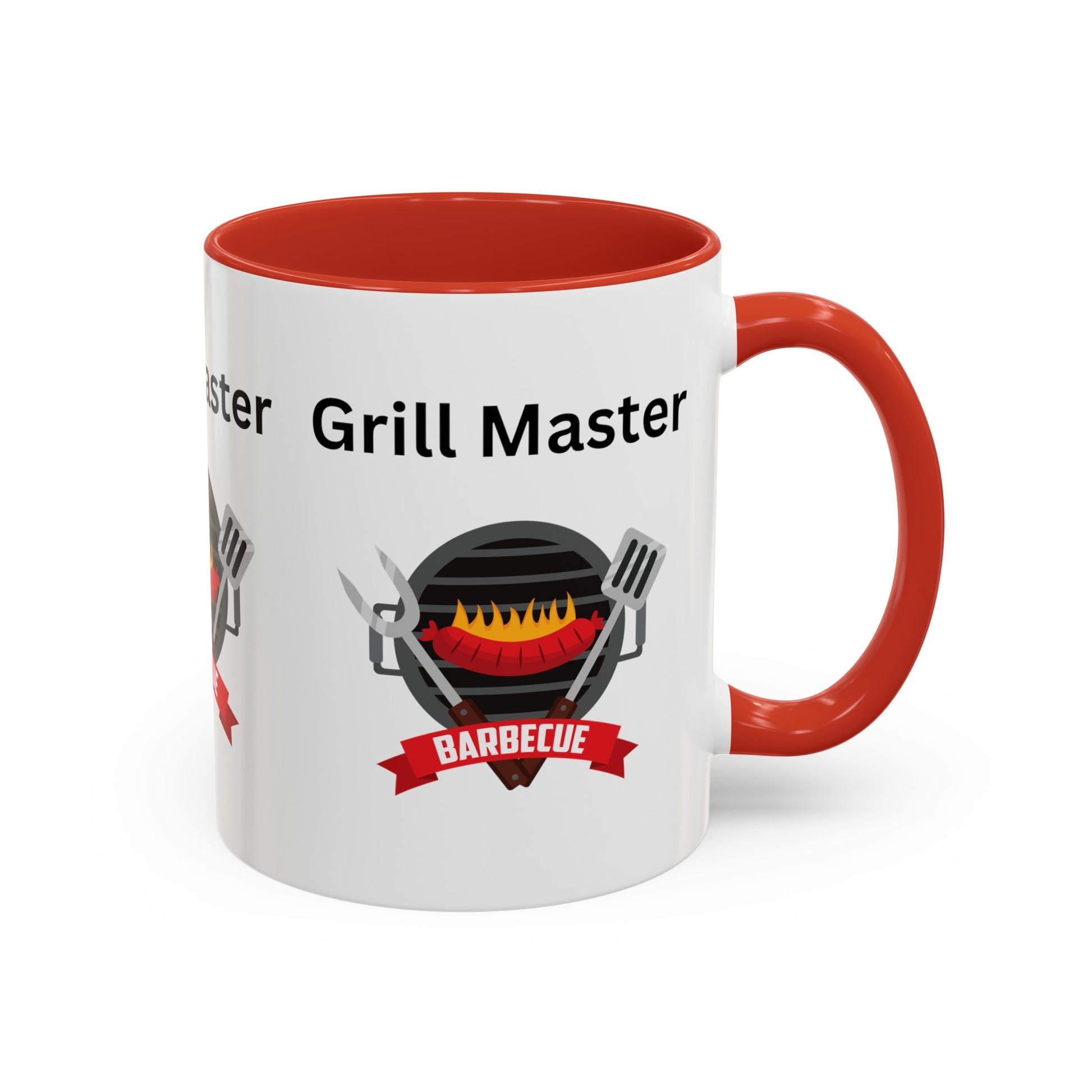 White ceramic Grill Master Mug: Unisex; 11 oz; Ceramic; Graphics; Accented with a red handle and interior, featuring the text "Grill Master" and an illustration of grilling utensils and a barbecue grill with flames. This American-made custom mug by Printify is perfect for any grill enthusiast.