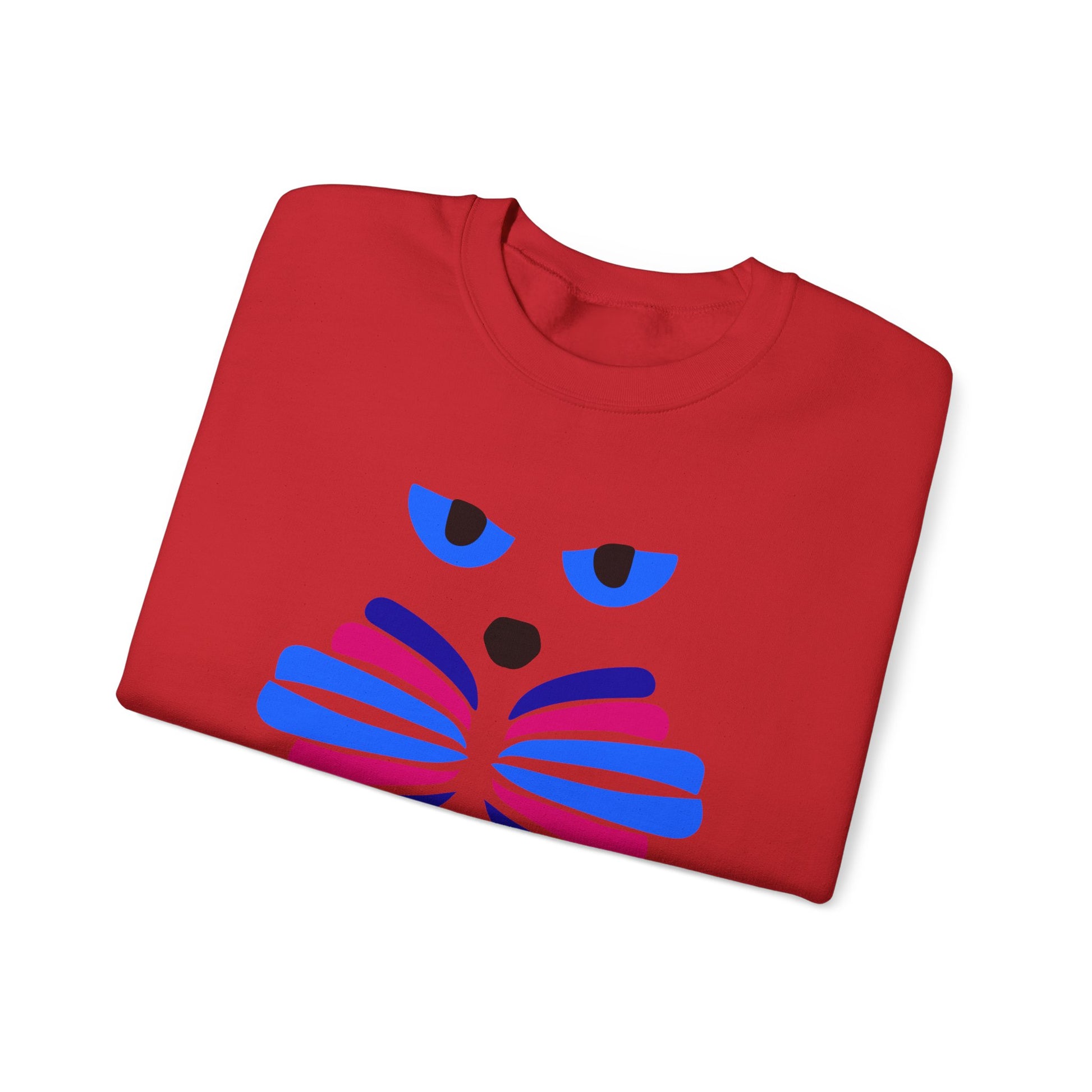 The Whimsical Cat Graphic Sweatshirt by Printify is a unisex crewneck featuring a stylized cat face in blue and purple accents, perfect for adults seeking cozy and artistic apparel.