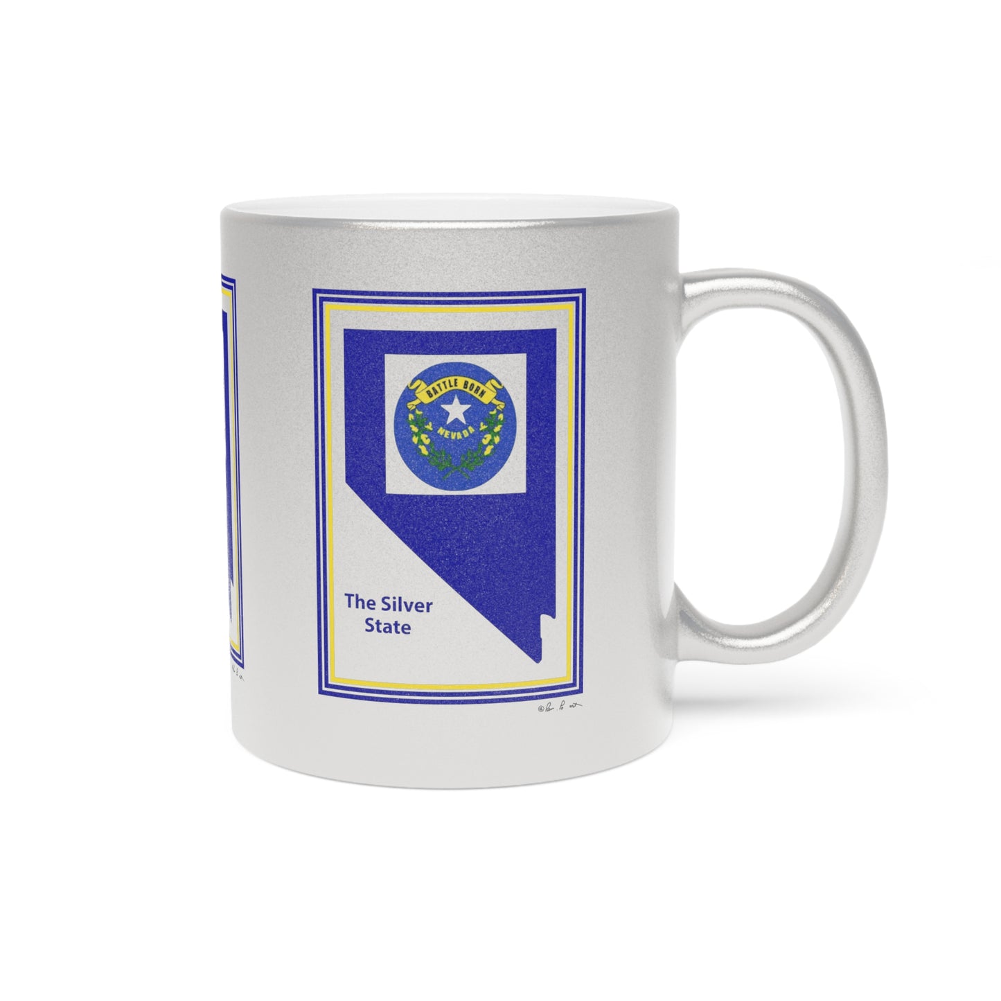 The Silver Metallic Mug from Printify, an 11 oz. ceramic piece titled "Nevada Celebration," features Nevada's outline and the text "The Silver State," complete with the state's flag emblem, making it an ideal Nevada gift with a sleek, modern design.