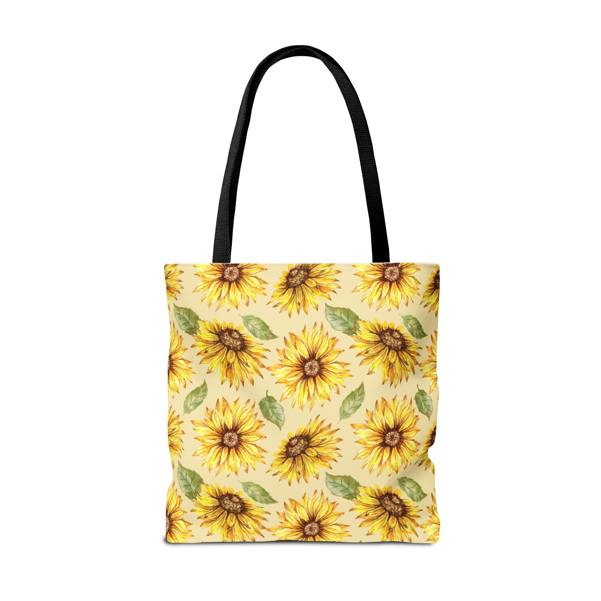 Printify's Yellow Floral Tote Bag with sunflower print and black handles, assembled in the USA, set against a white background.