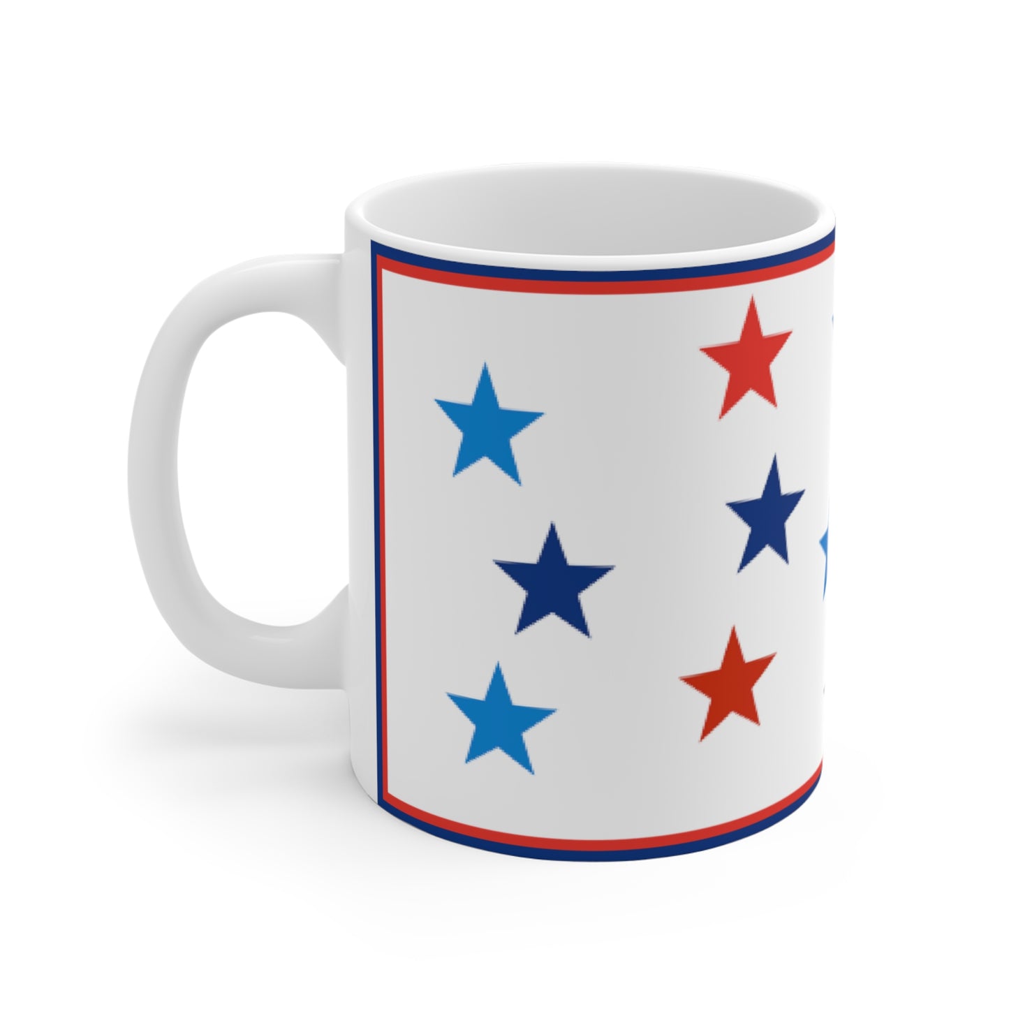 This Mug with Stars: Blue and Red on White; Ceramic; 11 oz. by Printify features a pattern of blue, red, and navy stars, bordered with red and blue lines near the handle—perfectly embodying the spirit of a patriotic mug.