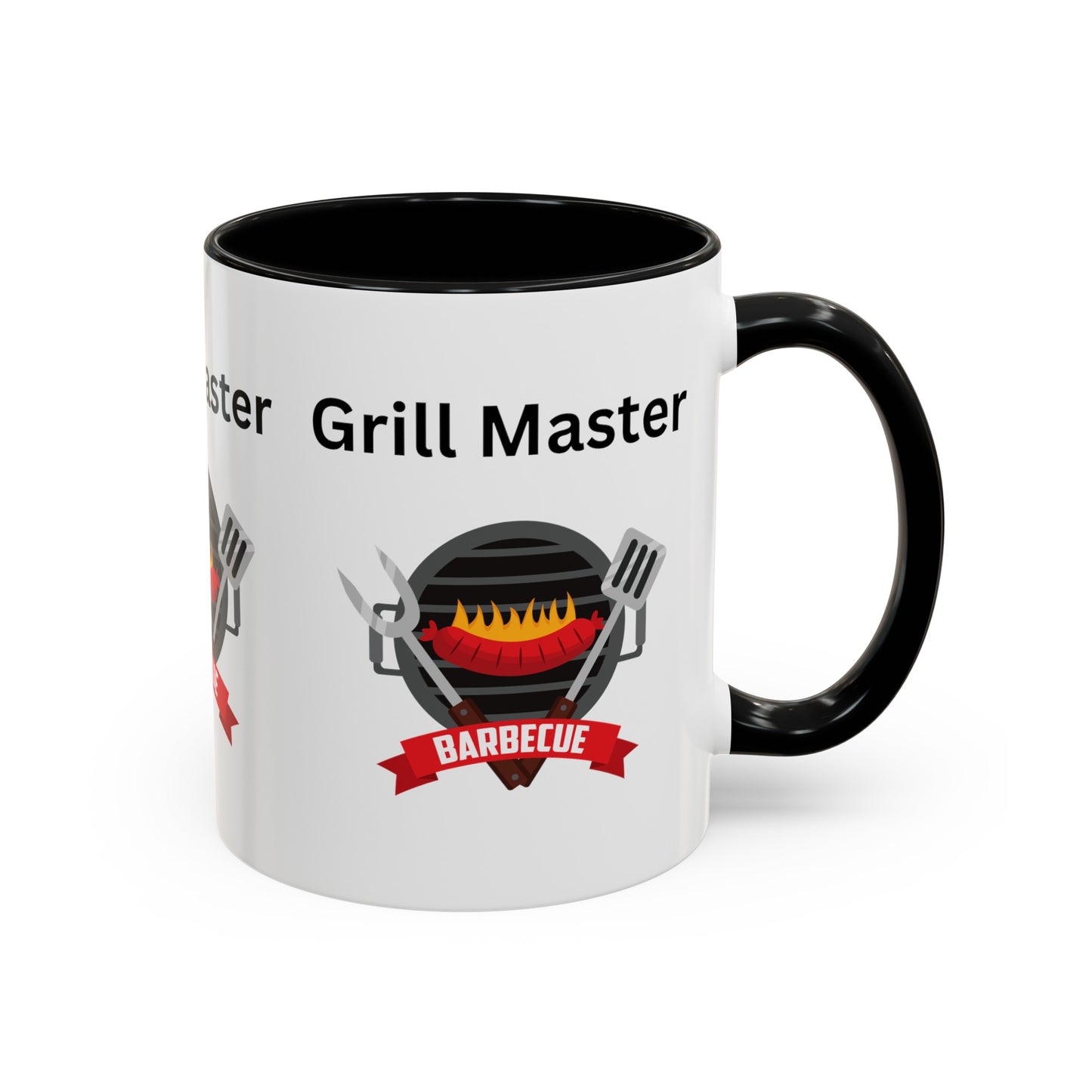 A white mug with a black handle features an illustration of a grill, utensils, and flames. The text "Grill Master" is printed above, with "Barbecue" below the illustration. This American-made Printify Grill Master Mug: Unisex; 11 oz; Ceramic; Graphics; Accented is perfect for any barbecue enthusiast.