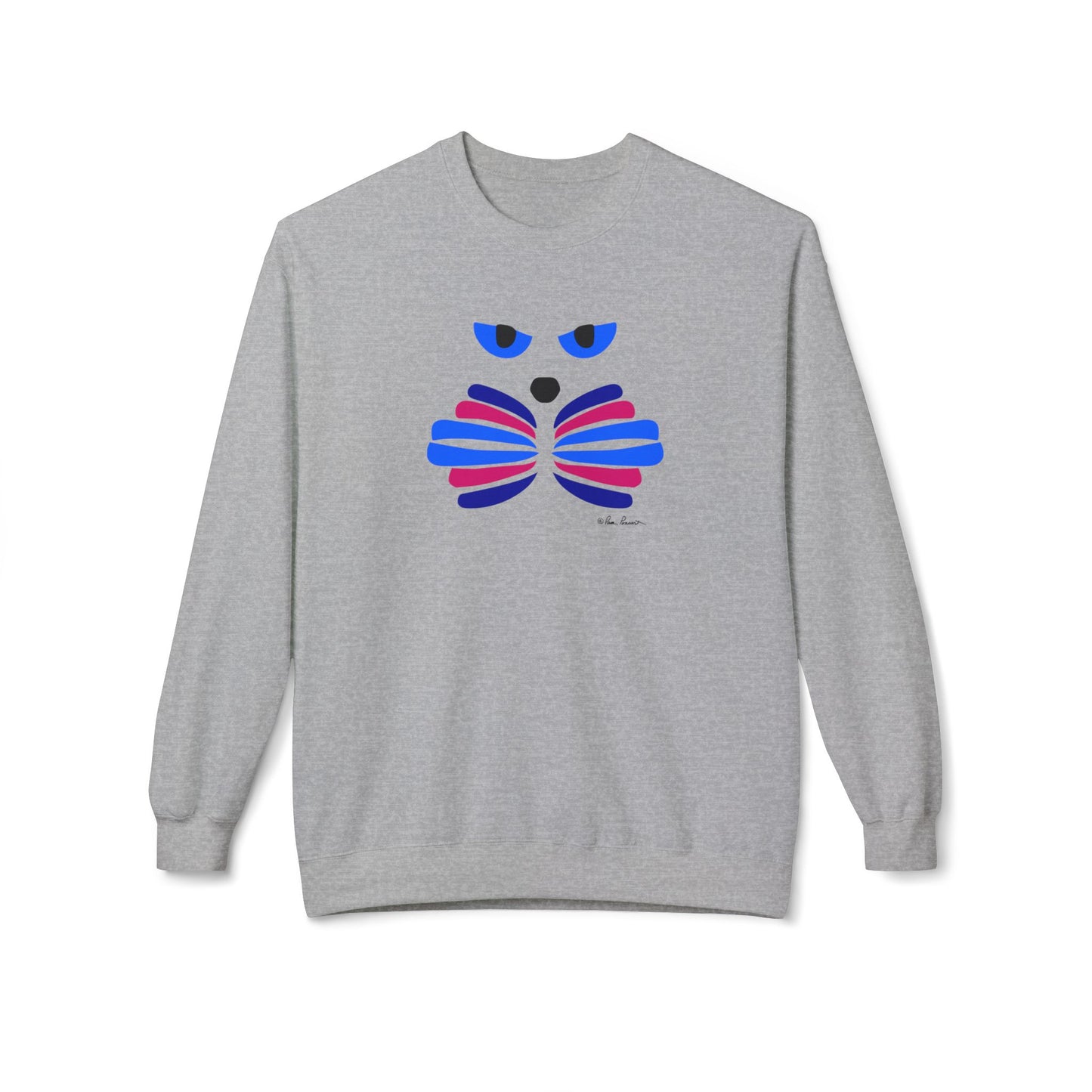 The Cat Face Crewneck Sweatshirt: Abstract Red & Blue Kitty by Printify features a stylish cat graphic and is crafted from a cozy cotton blend—perfect for everyday comfort and cute, modern style.