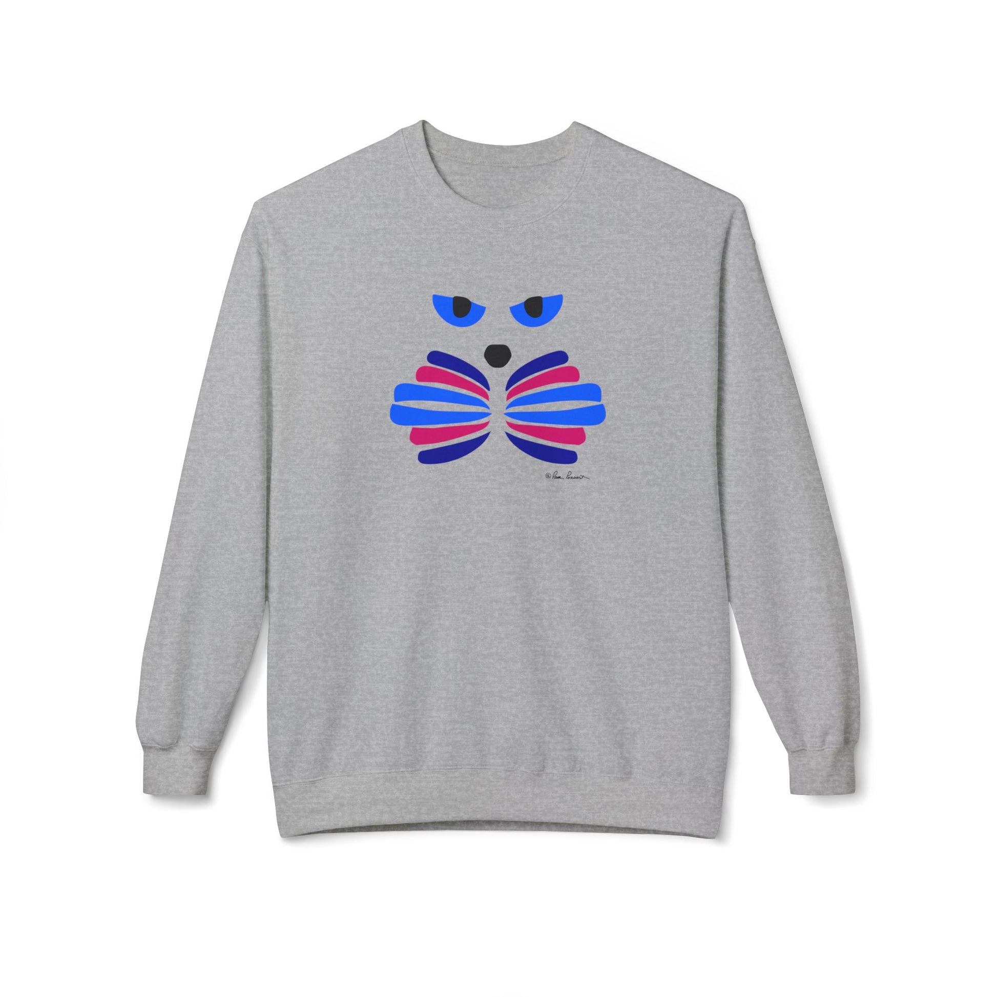 The Cat Face Crewneck Sweatshirt: Abstract Red & Blue Kitty by Printify features a stylish cat graphic and is crafted from a cozy cotton blend—perfect for everyday comfort and cute, modern style.