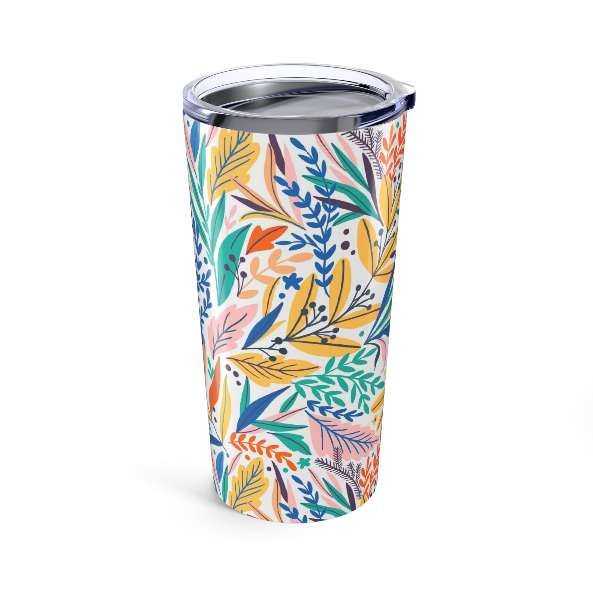The Printify Lunch Bag Pal Tumbler (20 oz.) is a stylish stainless steel tumbler with a clear lid and an abstract floral and leaf pattern on cream—ideal for keeping drinks hot or cold wherever you go.