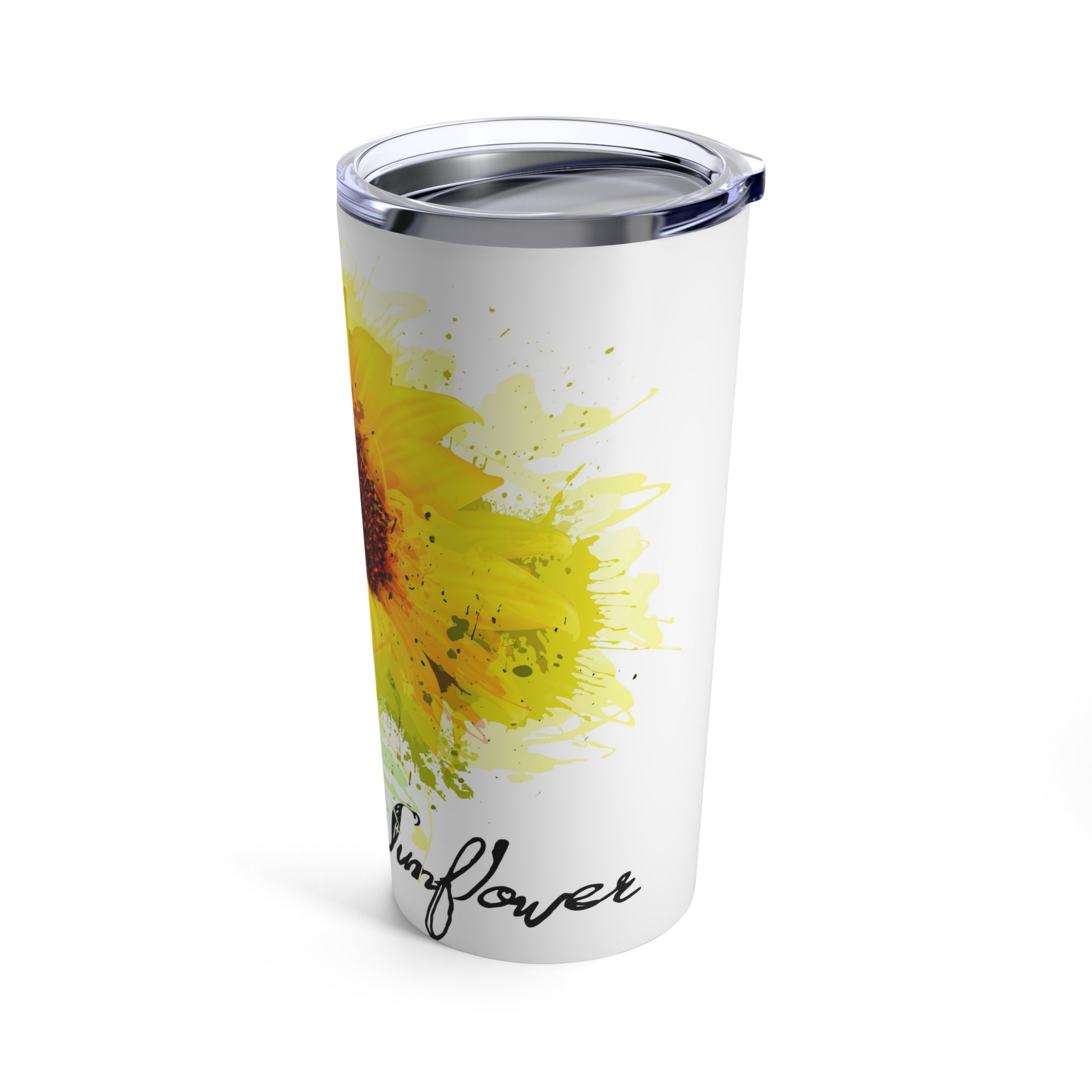 A dishwasher-safe white Watercolor Sunflower Tumbler: 20 oz.; Stainless Steel by Printify.