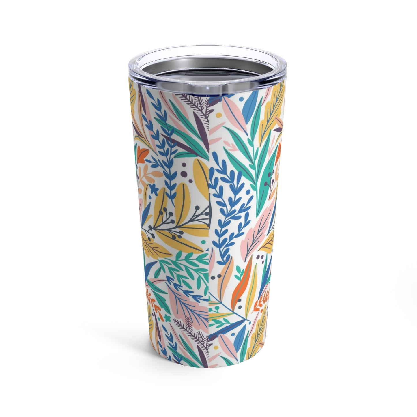 A stylish insulated tumbler with a floral pattern on it, made of stainless steel from Printify.