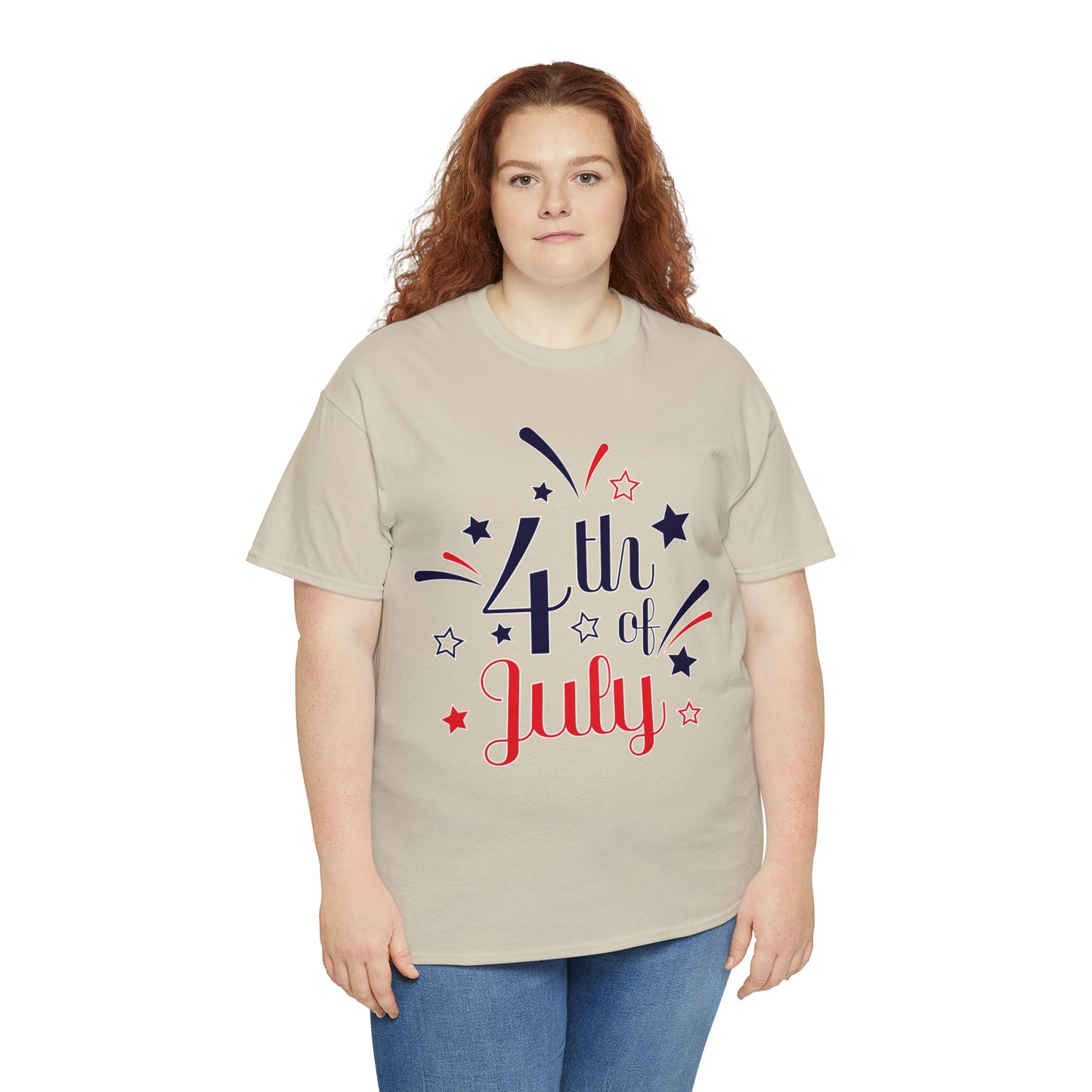 Mock up of the Sand shirt on a plus-size, red-haired, woman