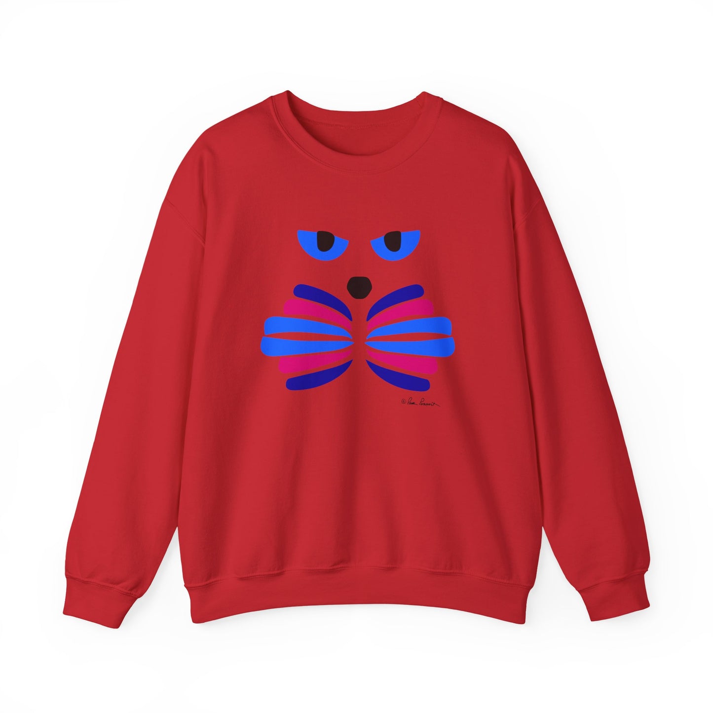 The Printify Whimsical Cat Graphic Sweatshirt is a unisex crewneck featuring a cozy red design and an artistic cat graphic with a blue and purple face on the front.