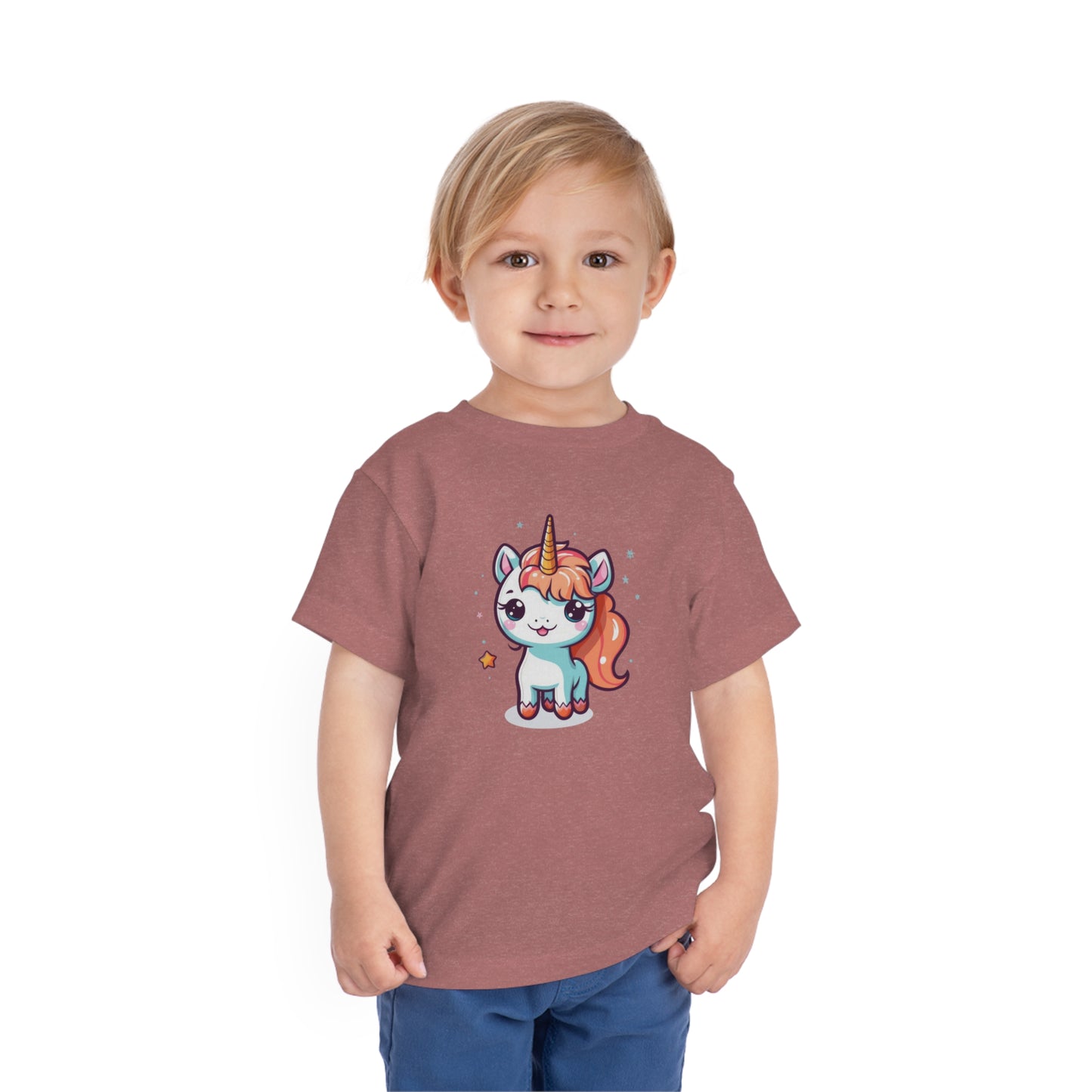 Mock up of a child wearing the Heather Mauve t-shirt