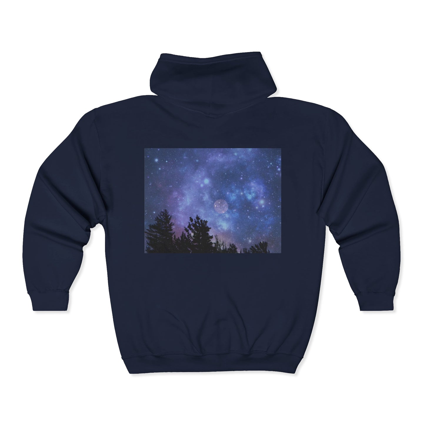 Stay cozy in the Printify Galaxy Night-Sky Zip Hoodie, a unisex navy zip-up with a back print of the moon, stars, and pine trees—perfect for fans of starry forest hoodies.
