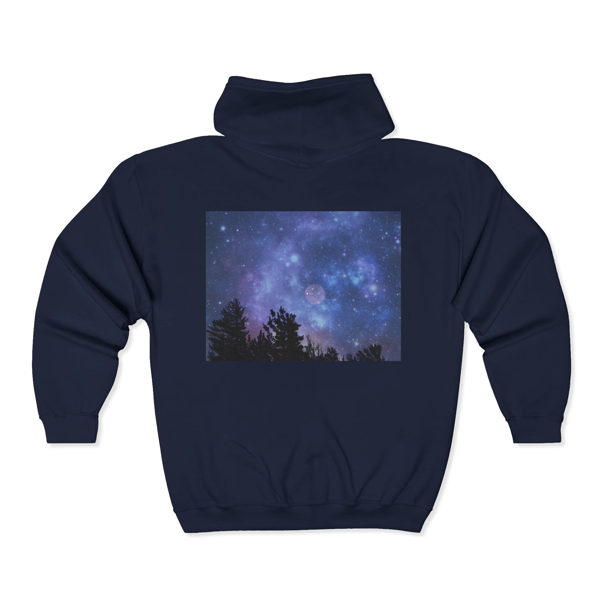Stay cozy in the Printify Galaxy Night-Sky Zip Hoodie, a unisex navy zip-up with a back print of the moon, stars, and pine trees—perfect for fans of starry forest hoodies.