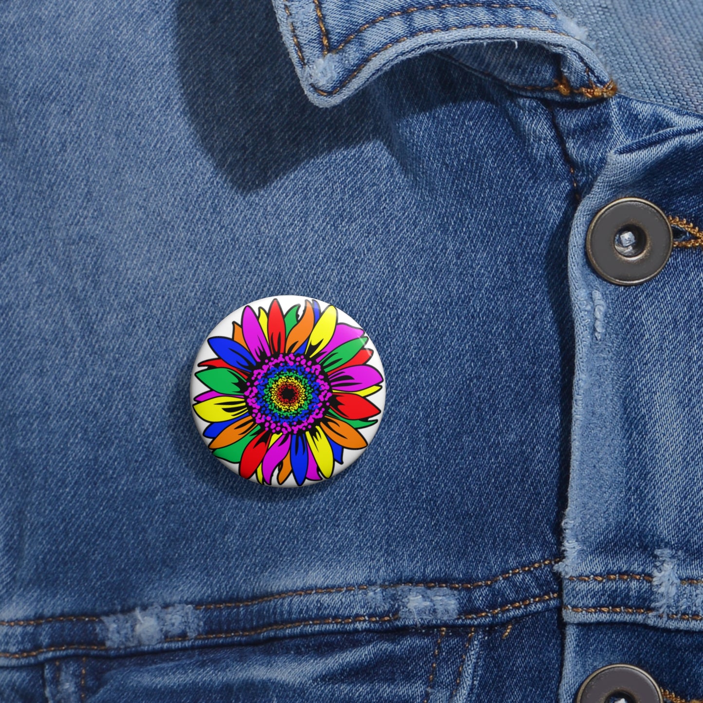Rainbow Sunflower Buttons: 3 sizes; Pin-back; Metal; Peace