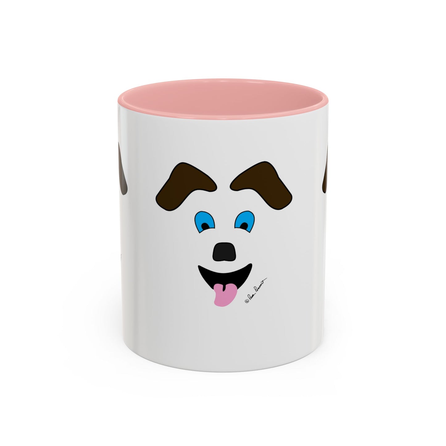 Printify’s Playful Dog-Face Coffee Mug: Ceramic | Fun Pet-Lover Gift features a white mug with pink interior, blue-eyed cartoon dog face, brown eyebrows, and pink tongue—perfect for dog lovers.