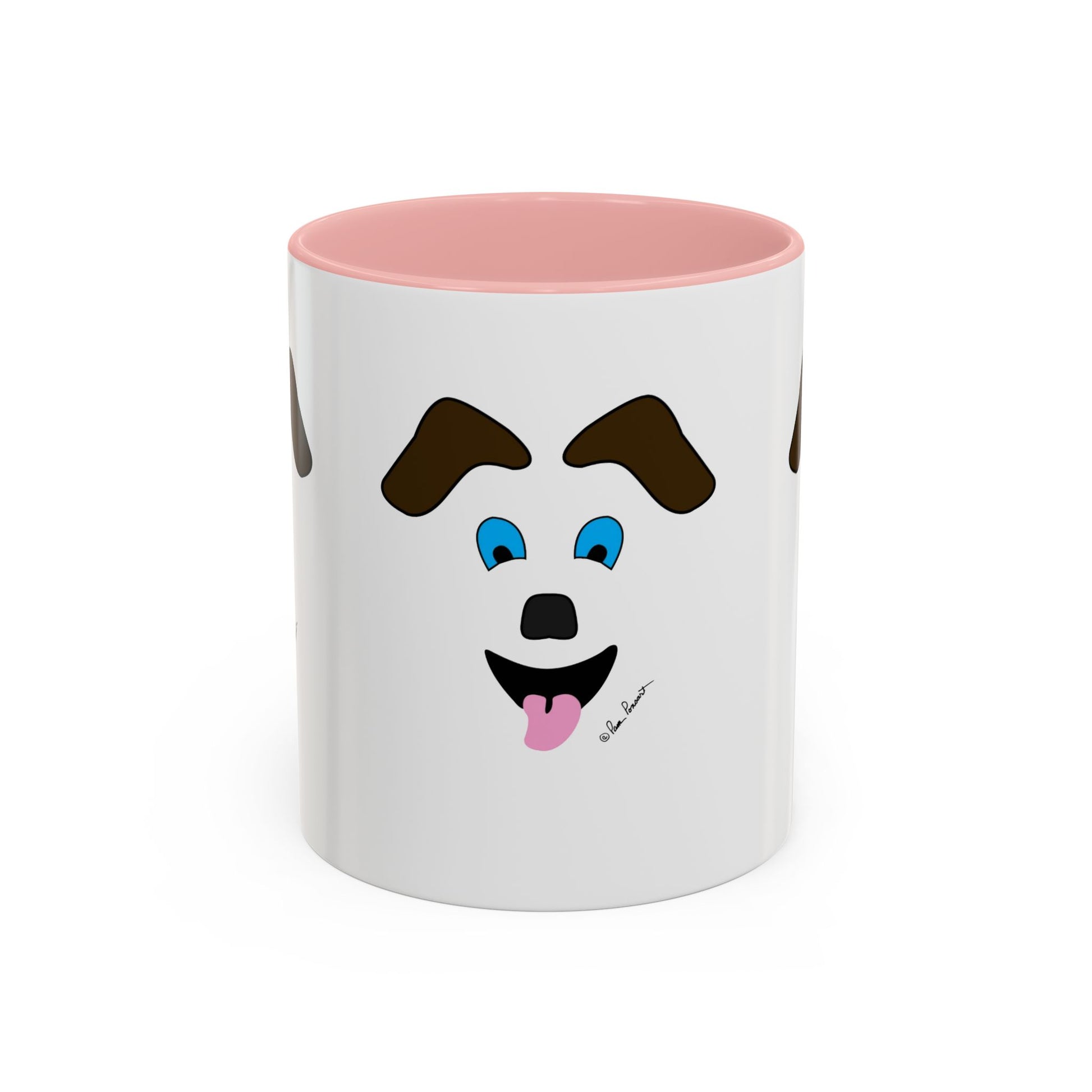 Printify’s Playful Dog-Face Coffee Mug: Ceramic | Fun Pet-Lover Gift features a white mug with pink interior, blue-eyed cartoon dog face, brown eyebrows, and pink tongue—perfect for dog lovers.