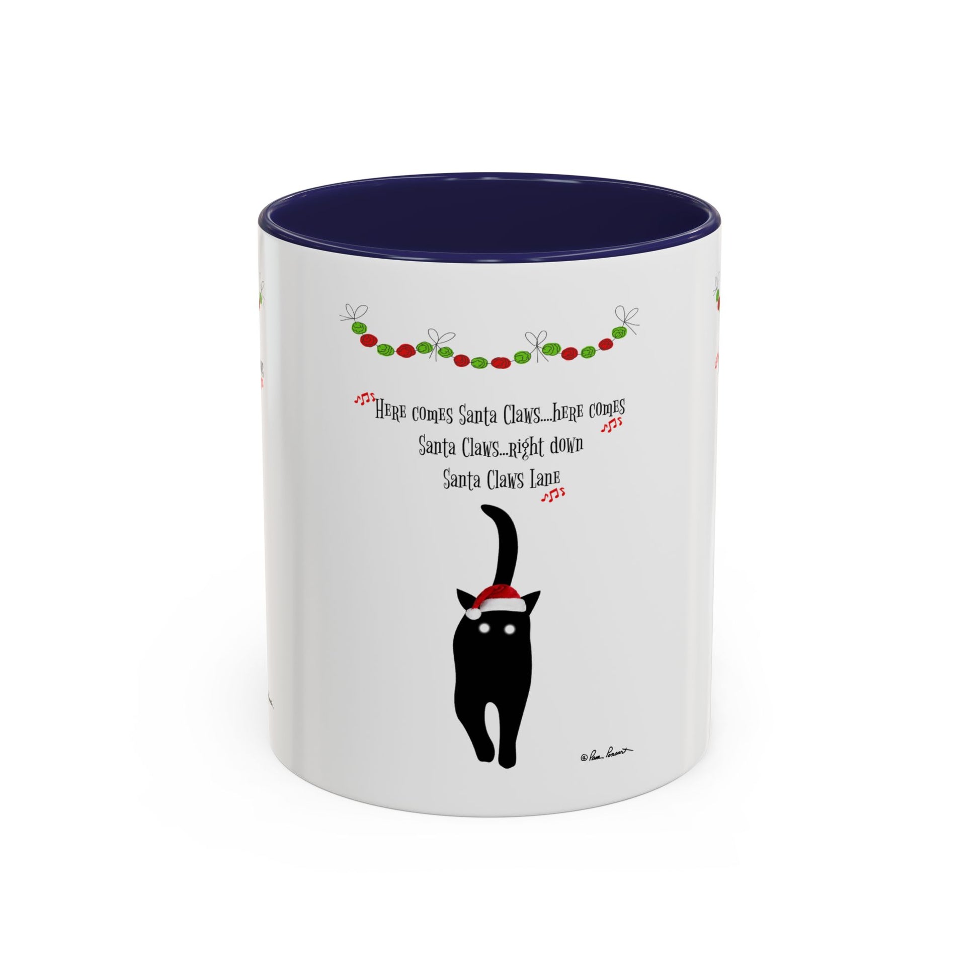 The Festive-Cat Accent Coffee Mug by Printify features a black cat in a Santa hat with holiday text and garland—making it the perfect holiday gift for any cat lover.
