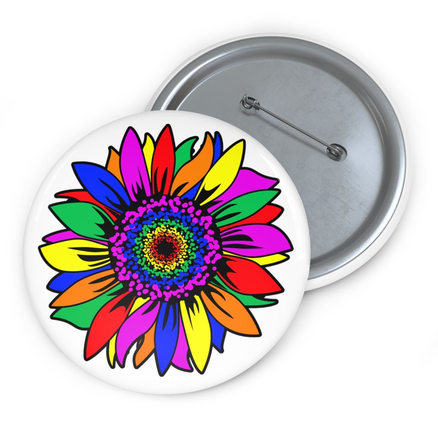 Rainbow Sunflower Buttons: 3 sizes; Pin-back; Metal; Peace