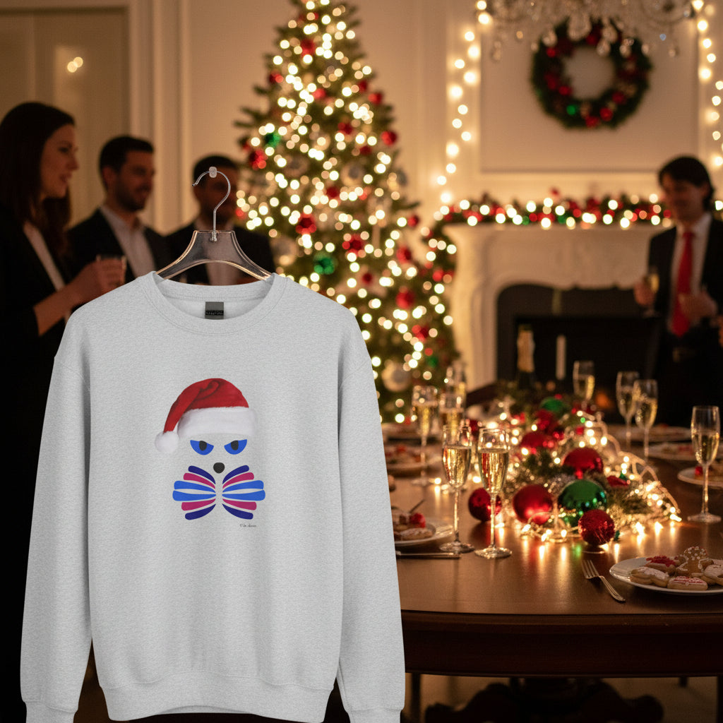 The Santa Cat Sweatshirt by Printify—a festive, unisex crewneck with a playful graphic—hangs in the foreground of a lively holiday dining room where people gather by a Christmas tree.