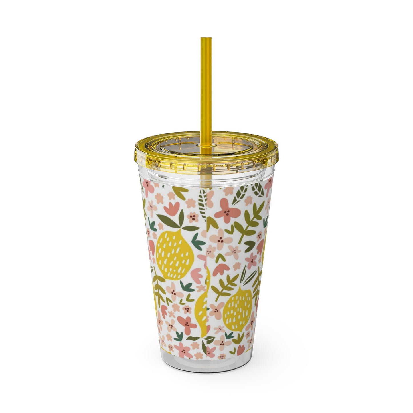 A Pink Lemons tumbler with a yellow straw and floral pattern.