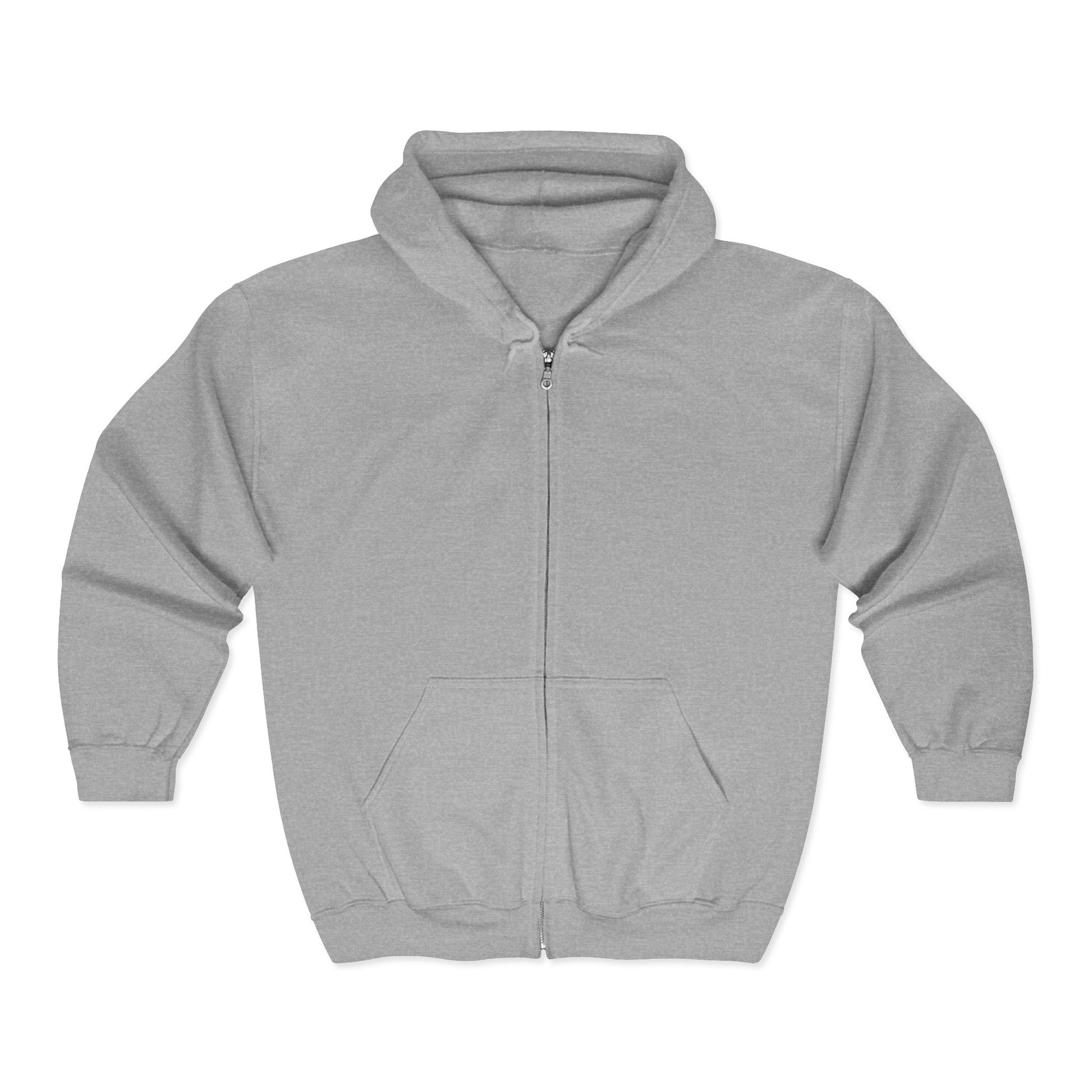 The Printify Galaxy Night-Sky Zip Hoodie is a cozy unisex zip-up with a back print, hood, front pockets, and long sleeves, shown laid flat on a white background.
