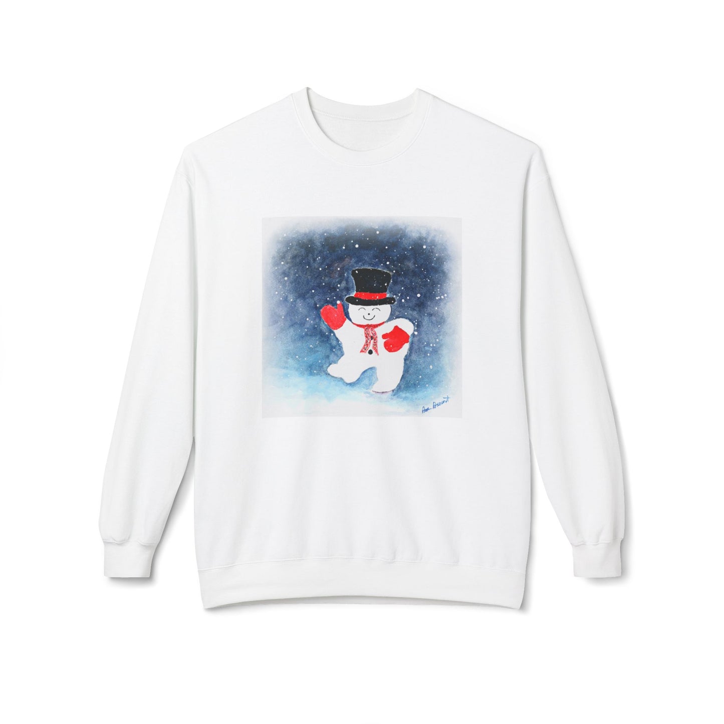 The Snowman Holiday Crewneck Sweatshirt: Cute Winter Design by Printify features a white winter sweatshirt with a smiling snowman in a black hat, red scarf and mittens against a snowy night background—perfect for the season.