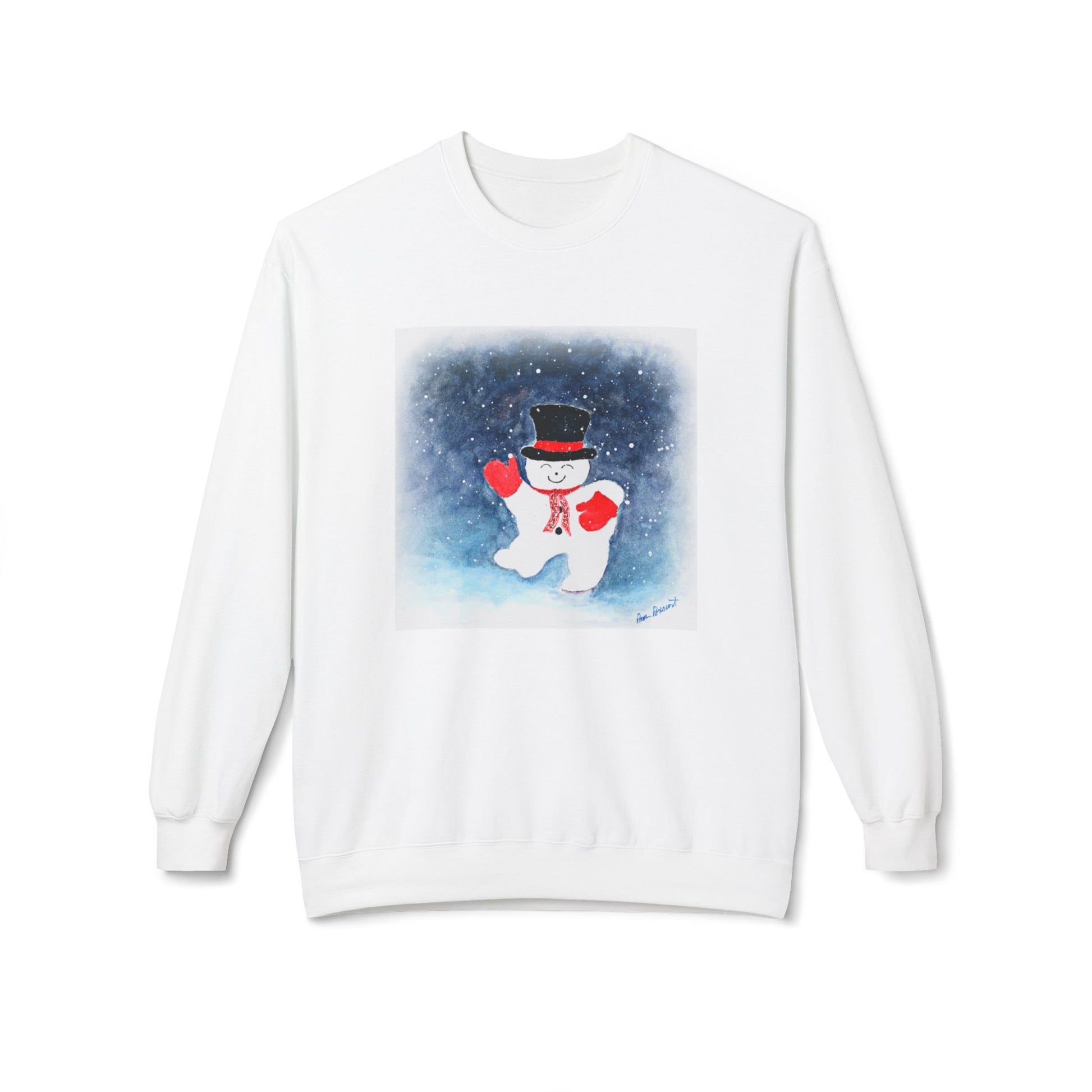 The Snowman Holiday Crewneck Sweatshirt: Cute Winter Design by Printify features a white winter sweatshirt with a smiling snowman in a black hat, red scarf and mittens against a snowy night background—perfect for the season.