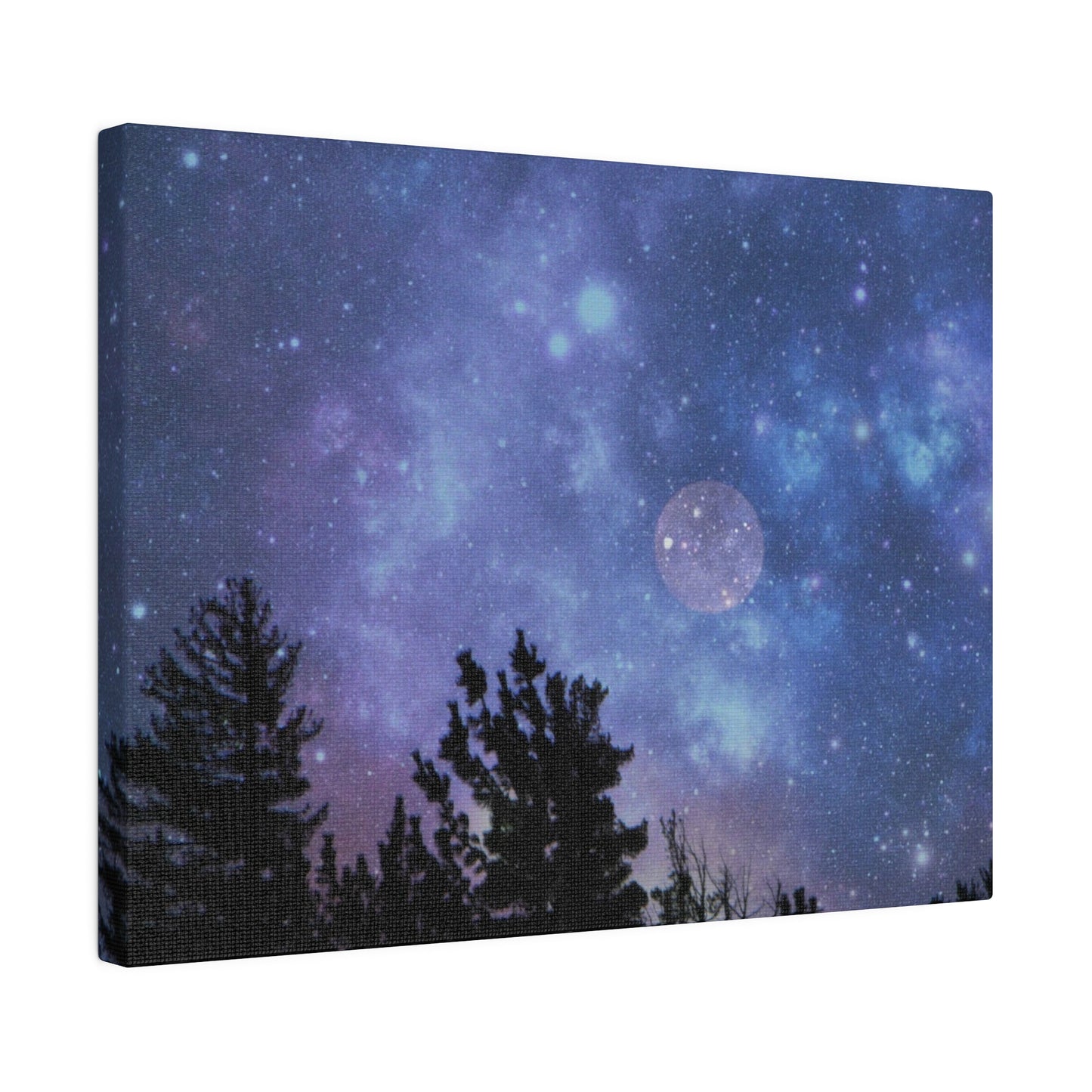 Printify's Blue-Moon Matte Canvas print of a night sky with stars, nebulae, and the moon behind silhouetted trees on a radial pine frame.