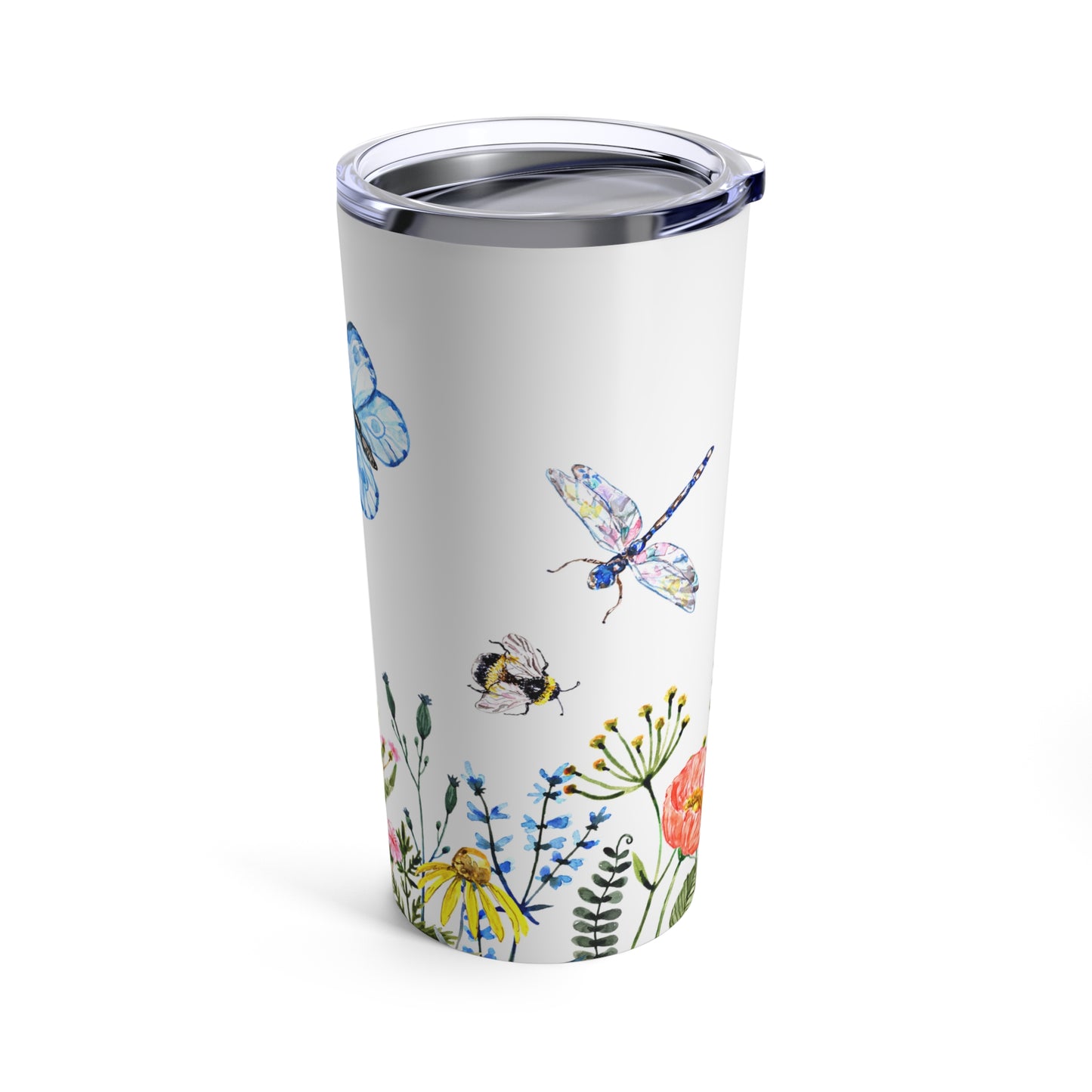 A white Printify Tumbler with a dragonfly and flowers on it, made of stainless steel.