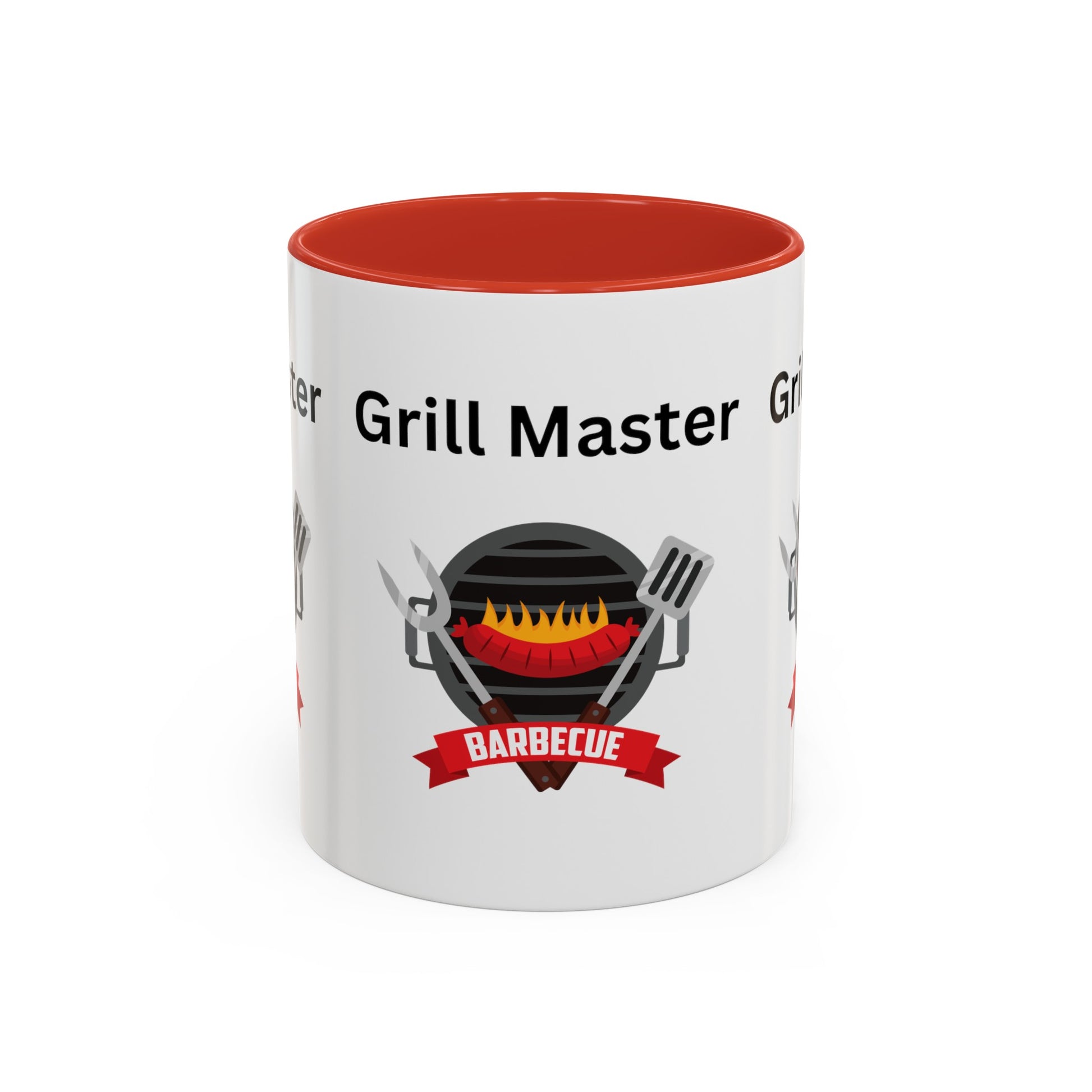 Grill Master Mug: Unisex; 11 oz; Ceramic; Graphics; Accented with a red interior, featuring the text "Grill Master" and an illustration of a grill with crossed utensils, flames, and a "Barbecue" banner. American made by Printify for those who take their grilling seriously.