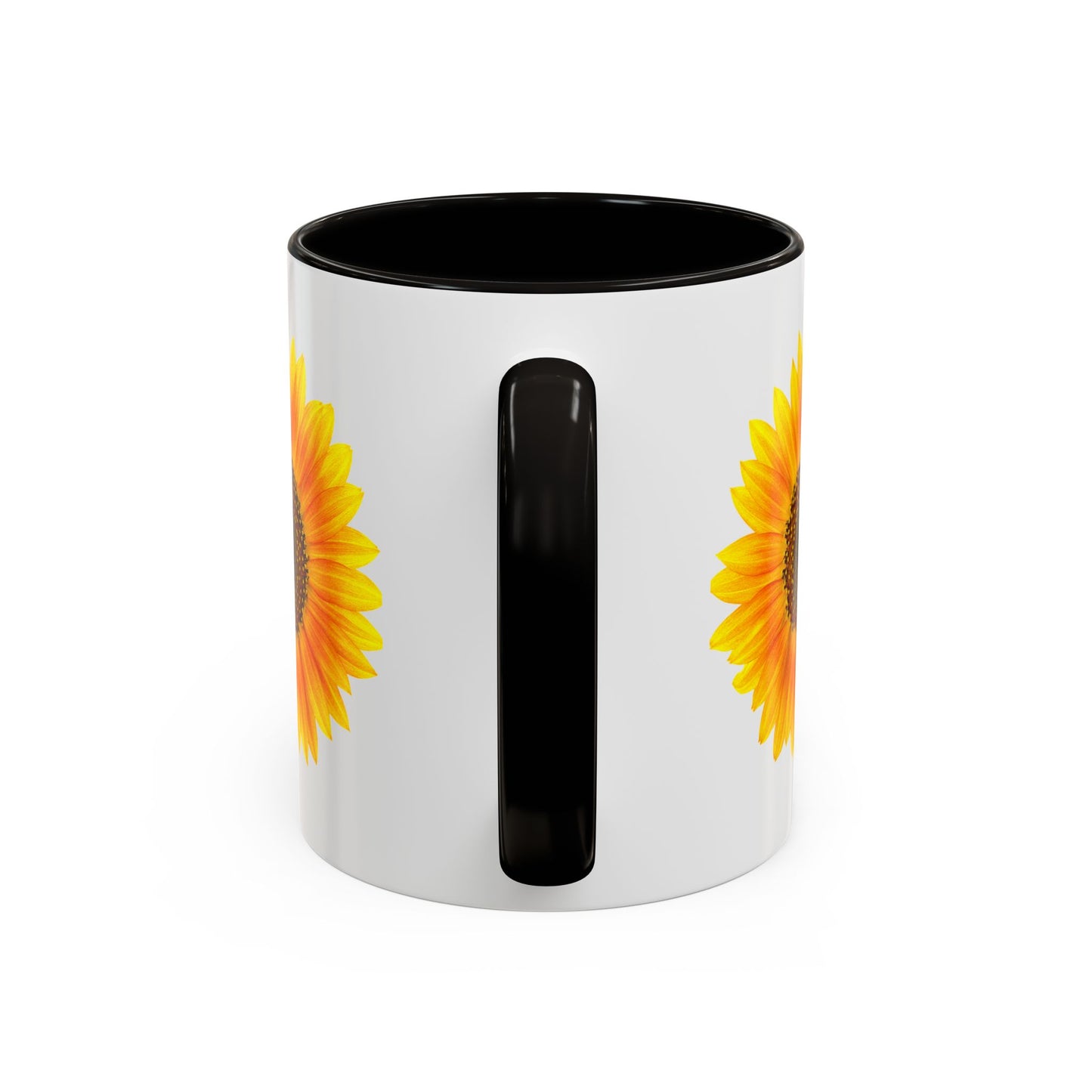 Enjoy your favorite drink with the Sunflower Coffee Mug: Bright Floral by Printify—an 11oz white ceramic cup featuring dual yellow sunflower designs, a black handle and interior, and durable ORCA coating.