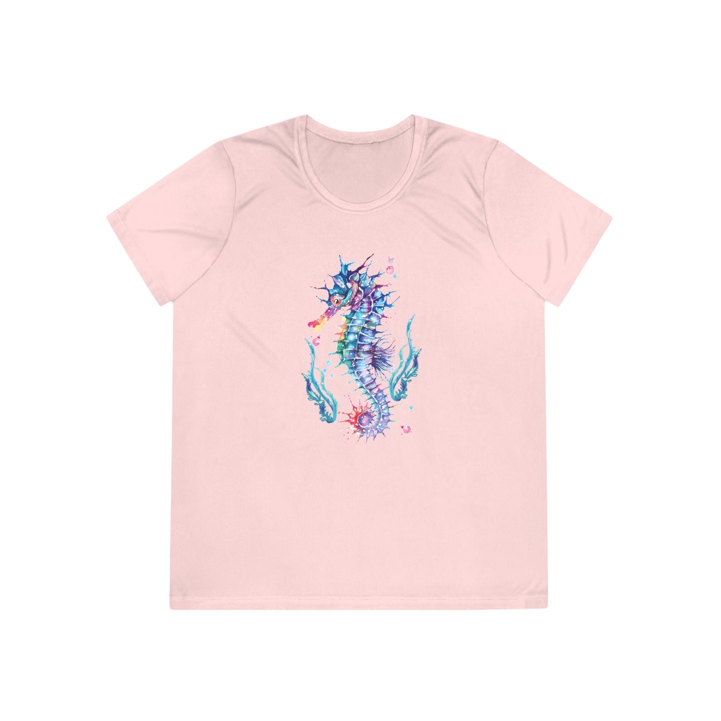 A **Printify Moisture-wicking Ladies T-shirt: Seashorse; Sport Tek 350** featuring a colorful, artistic seahorse design with aquatic plants.