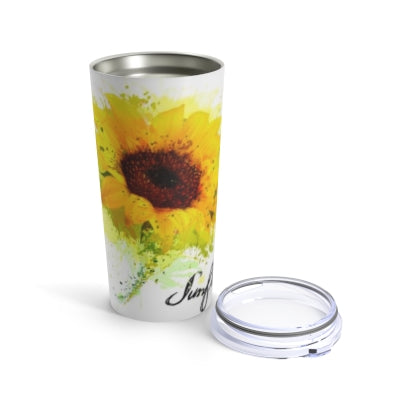 A dishwasher-safe Printify Watercolor Sunflower Tumbler with a lid: 20 oz.; Stainless Steel.