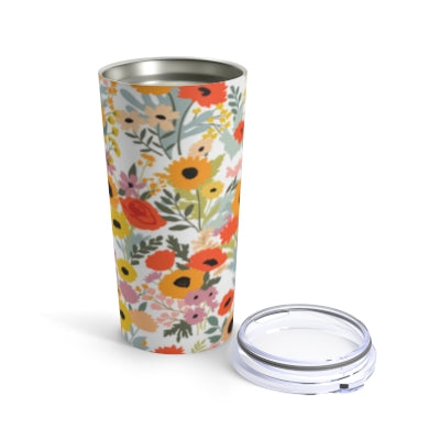 A Printify Summer Flowers Tumbler: 20 oz.; Stainless steel; Insulated with a lid.