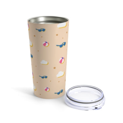 A Printify Pink Summer Tumbler: 20 oz.; Stainless steel; Insulated with a beach theme and lid.