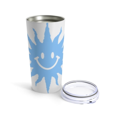 An insulated stainless steel Blue Happy-Face Tumbler with a blue sun on it from Printify.