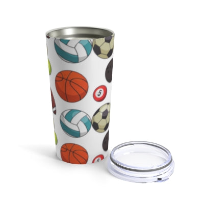 A Printify Sport Balls Tumbler, 20 oz., stainless steel and insulated.