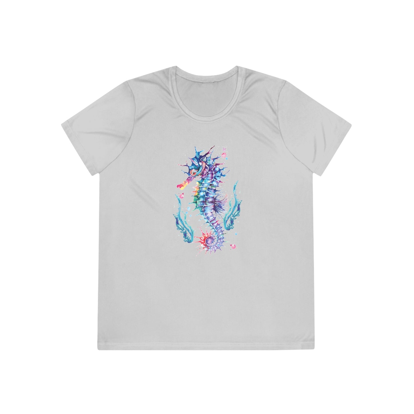 A light gray, moisture-wicking Ladies T-shirt: Seashorse featuring a colorful artistic design of a seahorse with abstract elements and a feminine fit. Ideal for those who love Printify's stylish and functional apparel, particularly the Sport Tek 350 line.