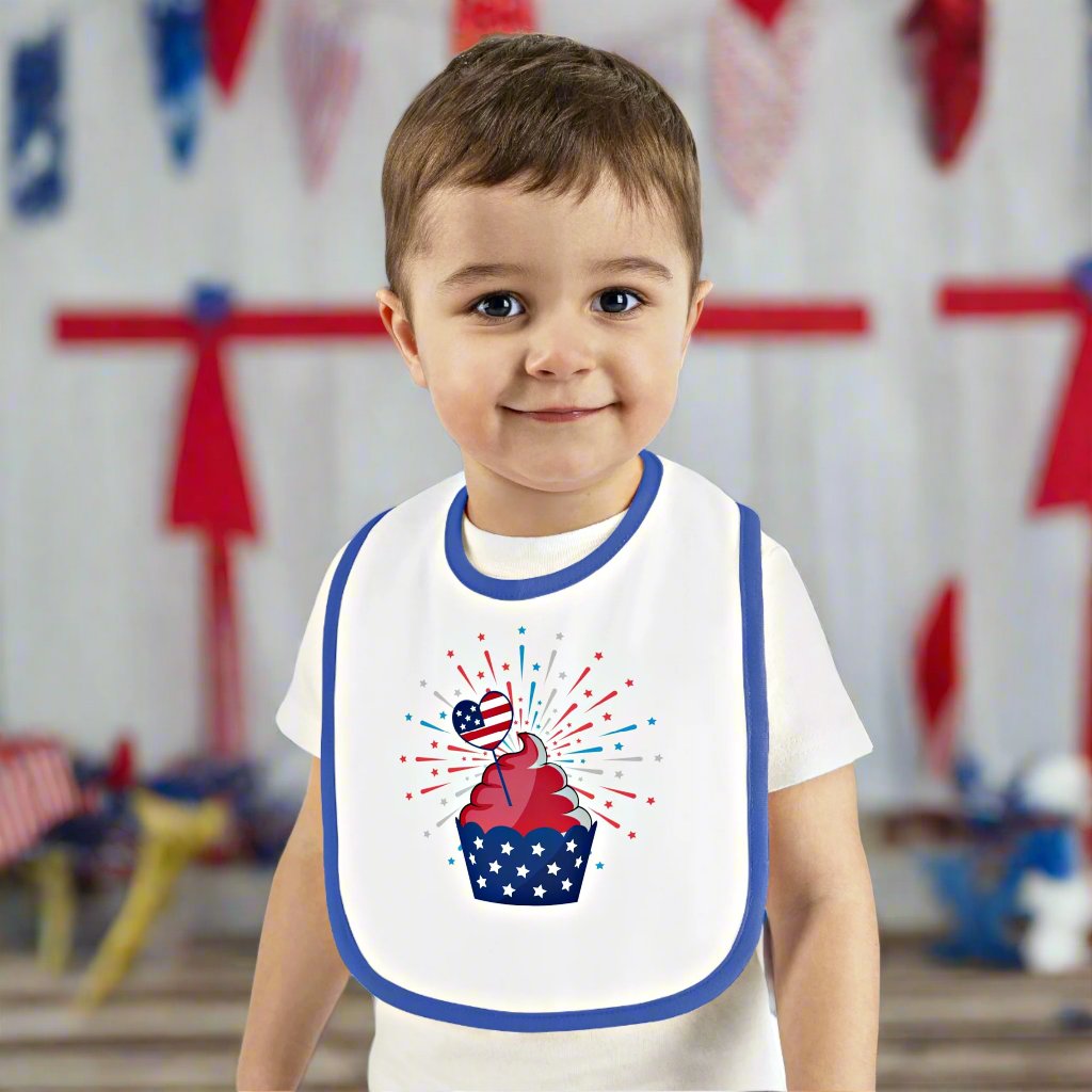 Mock up of a child wearing the bib with the blue trim