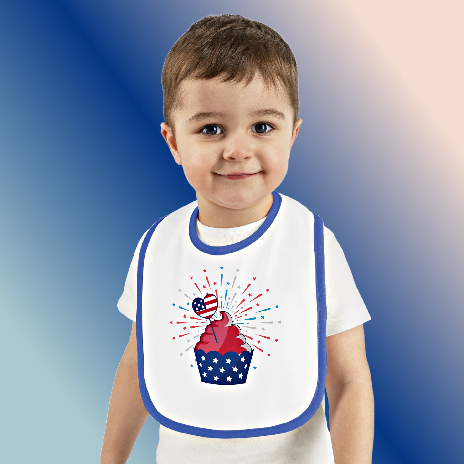 Mock up of a child wearing the bib with the blue trim
