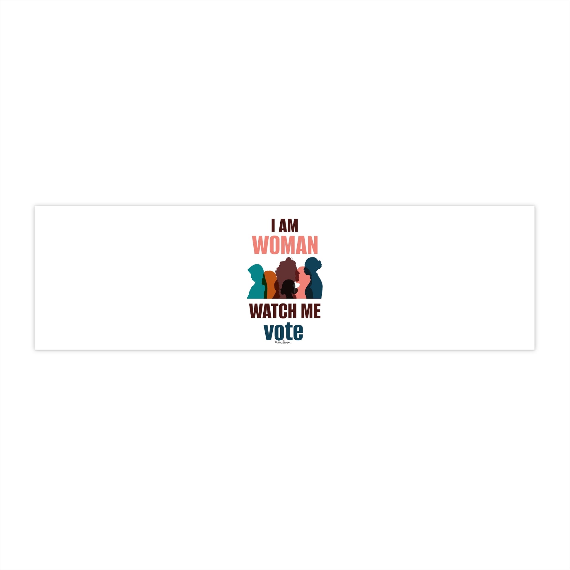 A premium water-resistant Voting Women's Bumper Sticker by Printify featuring the text "i am woman watch me vote" flanked by three silhouettes of women with afros in green, orange, and red.